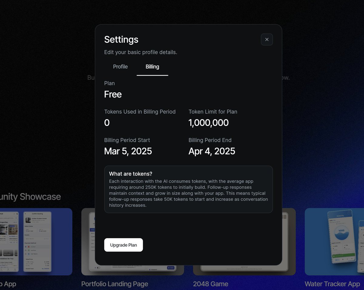 DreamFlowApp's tweet image. Free users now get 1M tokens (up from 500K) to start building an app with DreamFlow.
Token usage can be monitored in the Billing section in Settings.