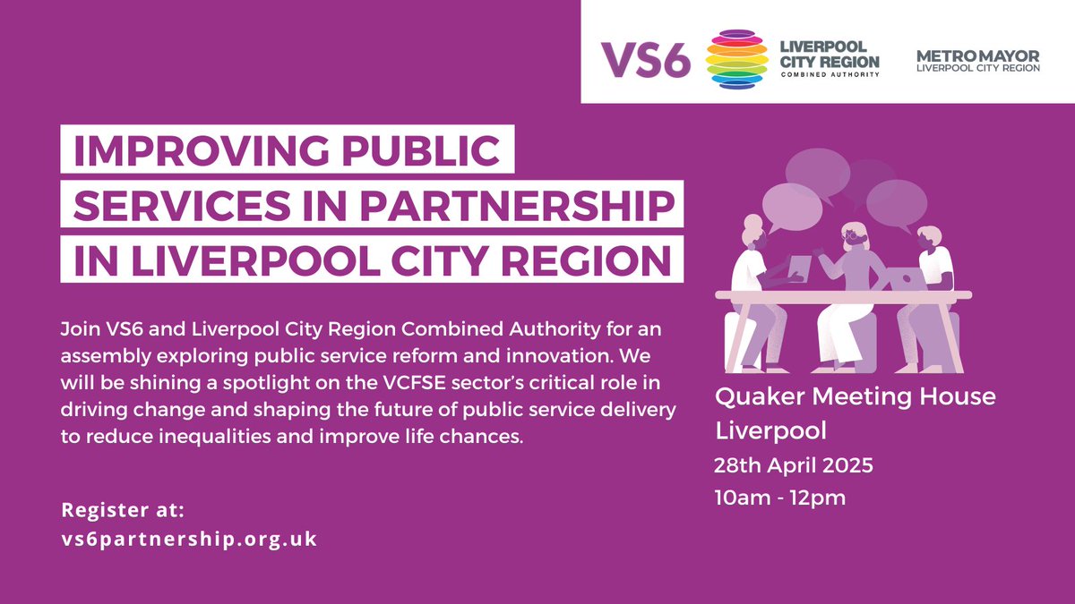 📣 Reminder: Public Service Reform Event
Join us to discuss innovative partnerships in public service delivery.
📅 28th April 2025
🕙 10:00 AM - 12:00 PM
📍 Quaker Meeting House, Liverpool
🔗 Register here: vs6partnership.org.uk/events/public-…
#PublicServiceReform #Innovation #VCFSE