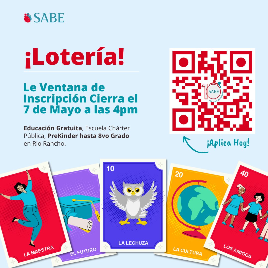 SandovalAcademy's tweet photo. 🚨 ¡El plazo de inscripción a la lotería cierra el 7 de mayo a las 4 pm!🚨

¡Haga clic en el enlace para completar el formulario! ➡️  https://t.co/nd6pysuGrG

#SABE #SandovalAcademyofBilingualEducation #DualLanguageRocks #DualLanguage #EscuelaBilingue #Español #RioRanchoCharter https://t.co/oVeCzgUXUY