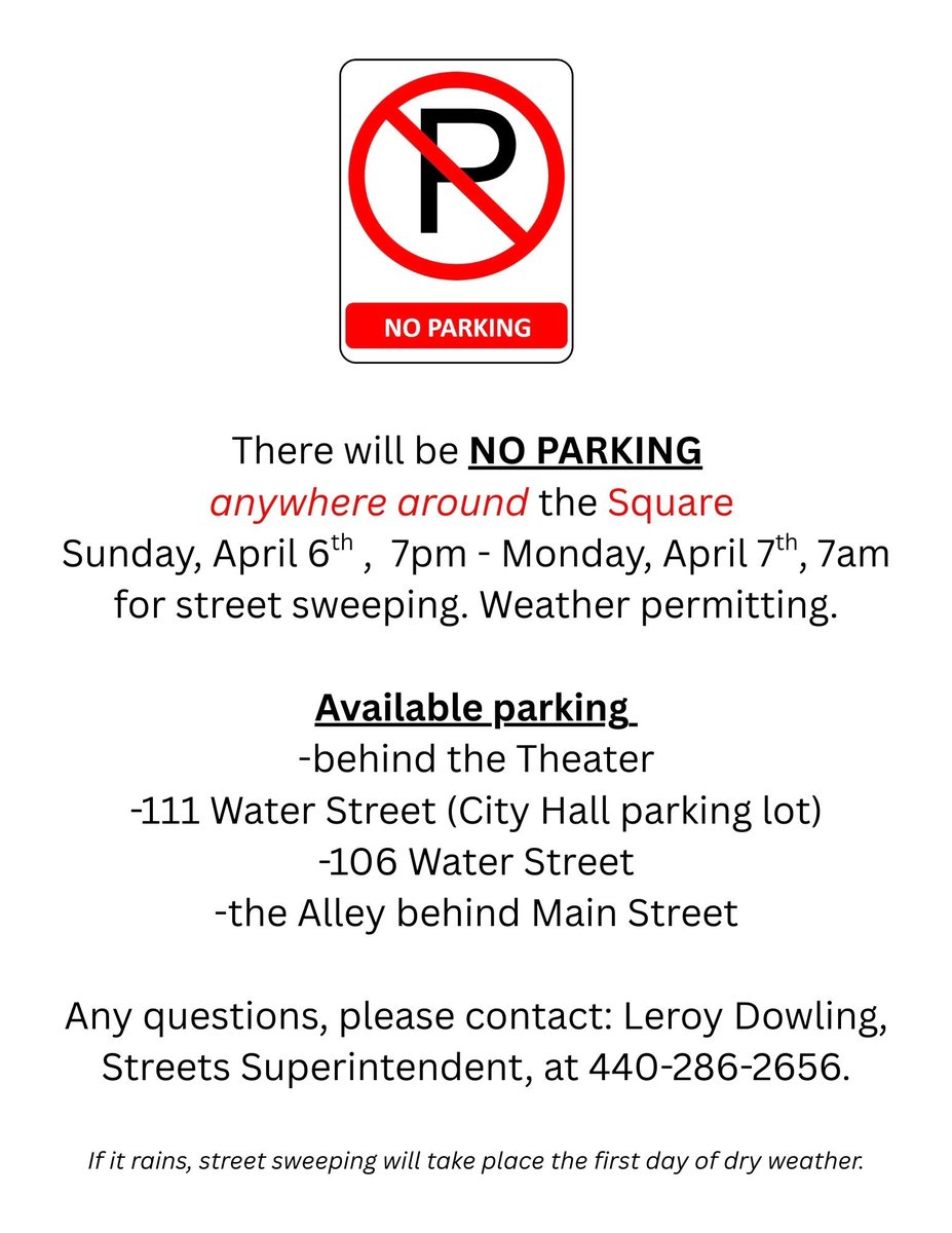 🧹Street sweeping will take place Sunday night into Monday morning. No parking around the Square is permitted.