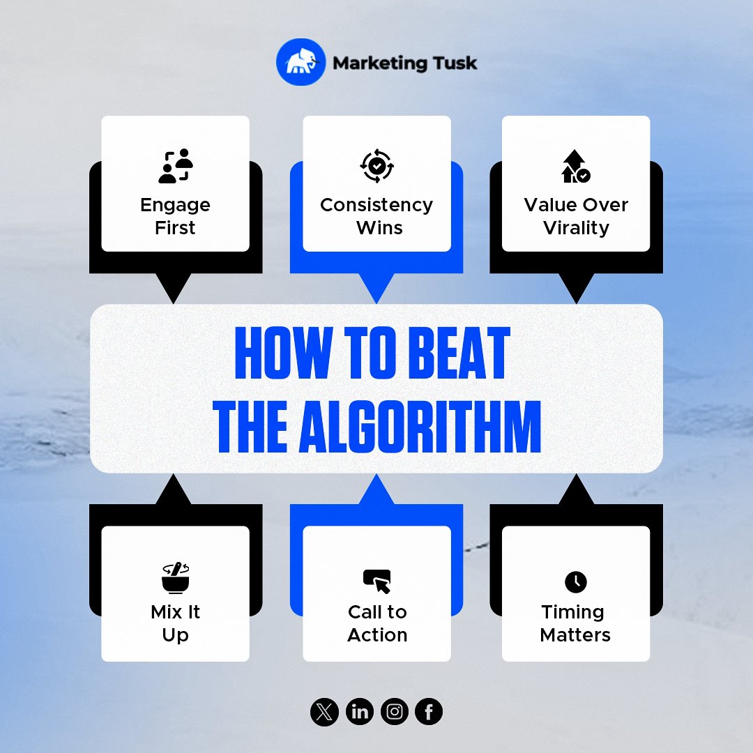 MarketingTusk's tweet image. Struggling with low reach? It’s time to outsmart the algorithm! Start implementing these strategies and watch your engagement soar!

#SocialMediaStrategy #BeatTheAlgorithm #ContentMarketing #GrowthHacks #MarketingTips #MarketingTusk