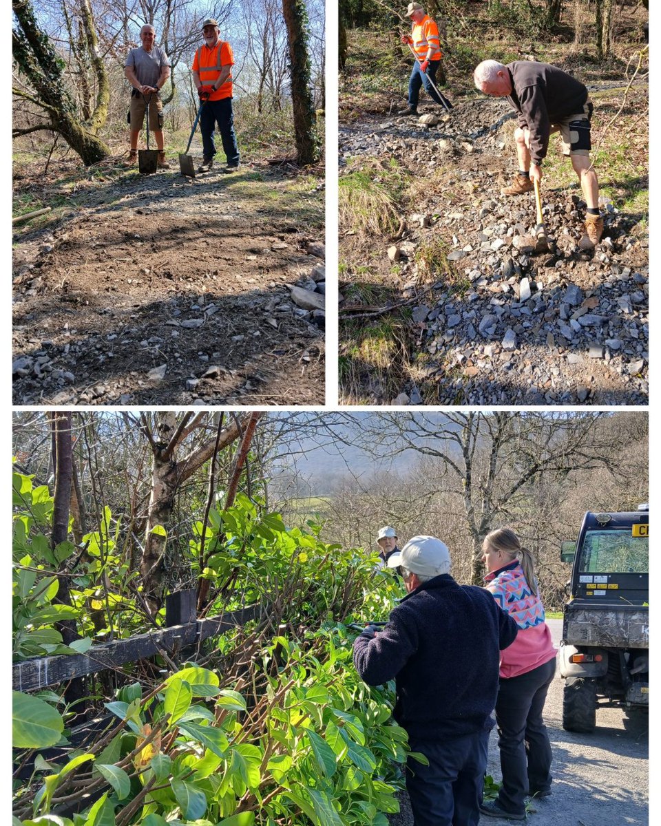 Mae ein gwirfoddolwyr wedi bod yn brysur iawn yr wythnos hon yn yr heulwen! Maen nhw wedi gweithio ar y clawdd llawryf, wedi cael gwared ar seddi pwdr yn barod i feinciau newydd gael eu gosod AC wedi cefnogi'r ceidwaid i drwsio'r difrod i'r trac beiciau.