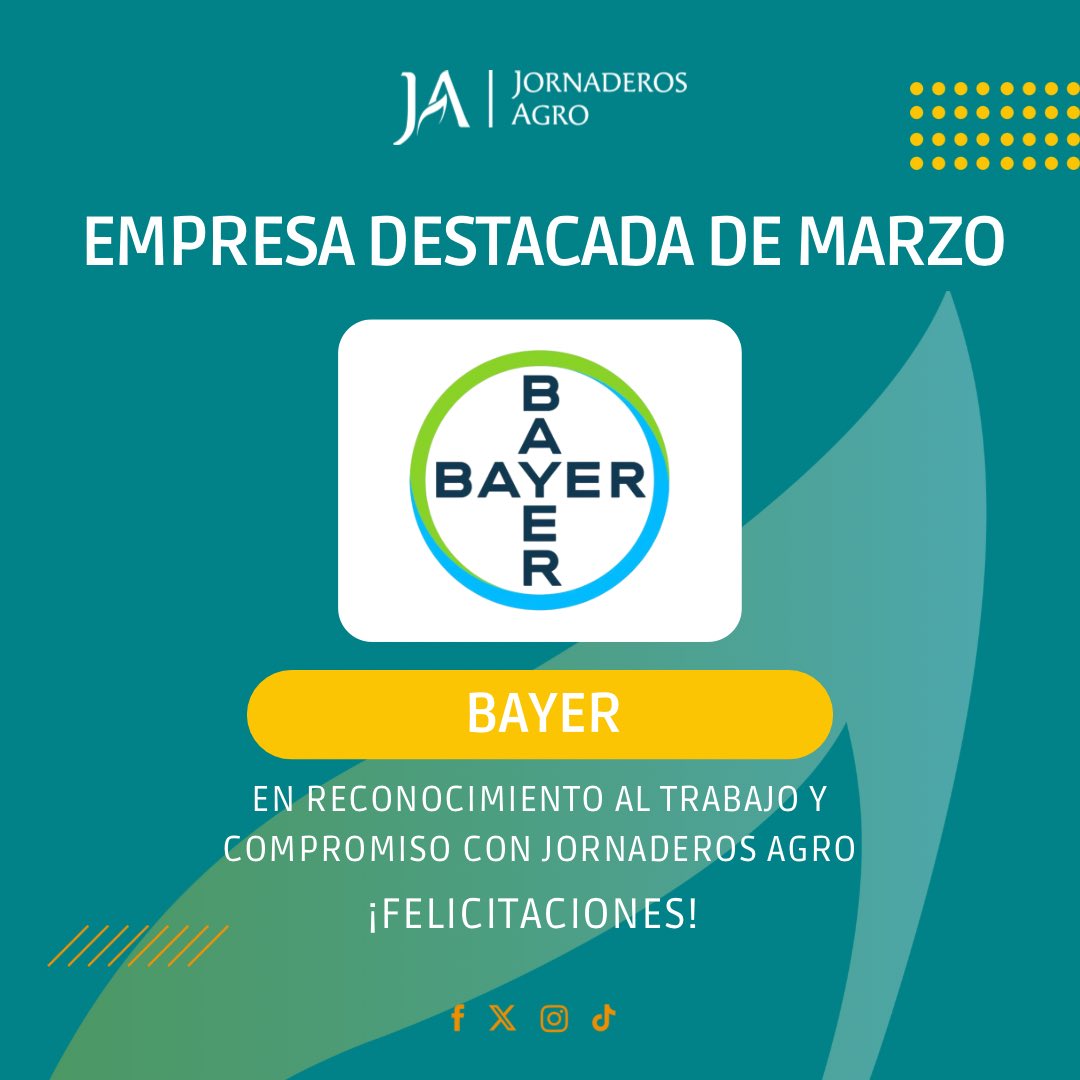 ¡Queremos felicitar a <a href="/AgroBayerAR/">Agro Bayer</a> empresa destacada del mes de marzo! 🚀 

Este reconocimiento se basa en el compromiso brindado a JornaderosAgro a lo largo del mes. 

Sigamos trabajando y agregando valor juntos 💪