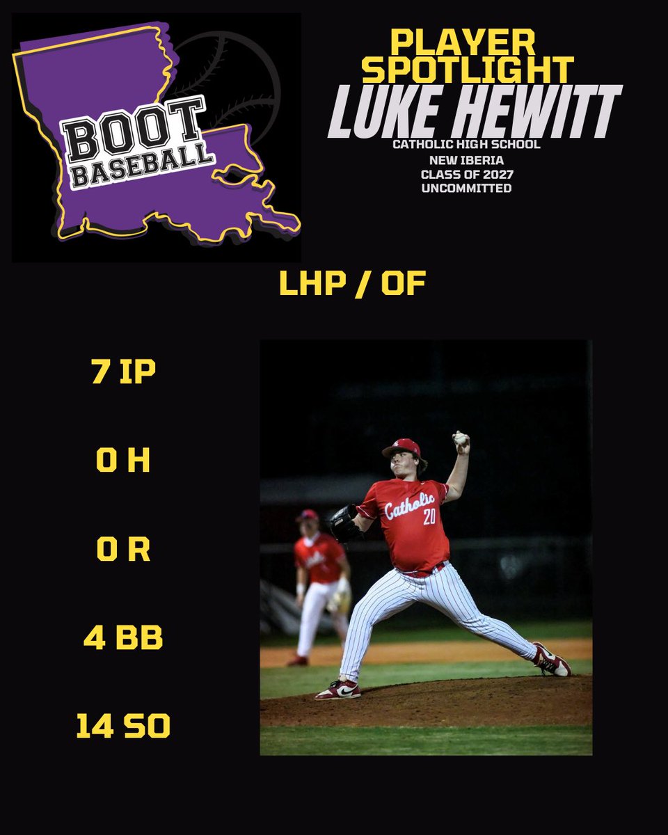 Baseball in the Boot (@bootbaseball) on Twitter photo ๐ฅNO HITTER ALERT๐ฅClass of 2027- Luke Hewitt (<a href="/luke_hewitt20/">Luke Hewitt</a> ) Uncommitted-LHP/1B- Catholic N.I.(15-9) Hewitt threw a CG ๐ vs Houma Christian in a 3-0 district win. He scattered 4 walks and struck out 14 while facing just 1 over the minimum ๐ฅNO HITTER ALERT๐ฅClass of 2027- Luke Hewitt (<a href="/luke_hewitt20/">Luke Hewitt</a> ) Uncommitted-LHP/1B- Catholic N.I.(15-9) Hewitt threw a CG ๐ vs Houma Christian in a 3-0 district win. He scattered 4 walks and struck out 14 while facing just 1 over the minimum