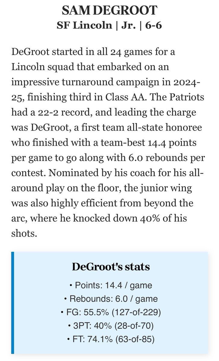 Lincoln Boys Basketball (@sflhsboysbball) on Twitter photo Congrats to <a href="/SamDeGroot_/">Sam DeGroot</a> on being named to the 2024-25 <a href="/SiouxFallsLive/">Sioux Falls Live</a> Super Six Boys Basketball Team! Congrats to <a href="/SamDeGroot_/">Sam DeGroot</a> on being named to the 2024-25 <a href="/SiouxFallsLive/">Sioux Falls Live</a> Super Six Boys Basketball Team!