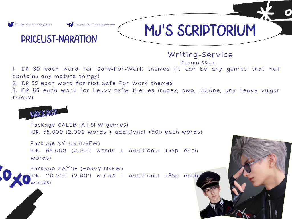 Wyriter's tweet image. hi, beli commission writing di aku guys. kalo butuh narasi buat au bisa chat skrng juga me open sampai me males. kalo mau cek portofolionya ada di ch tele me @.farspacees gas in jajan👊🏻👊🏻😜
