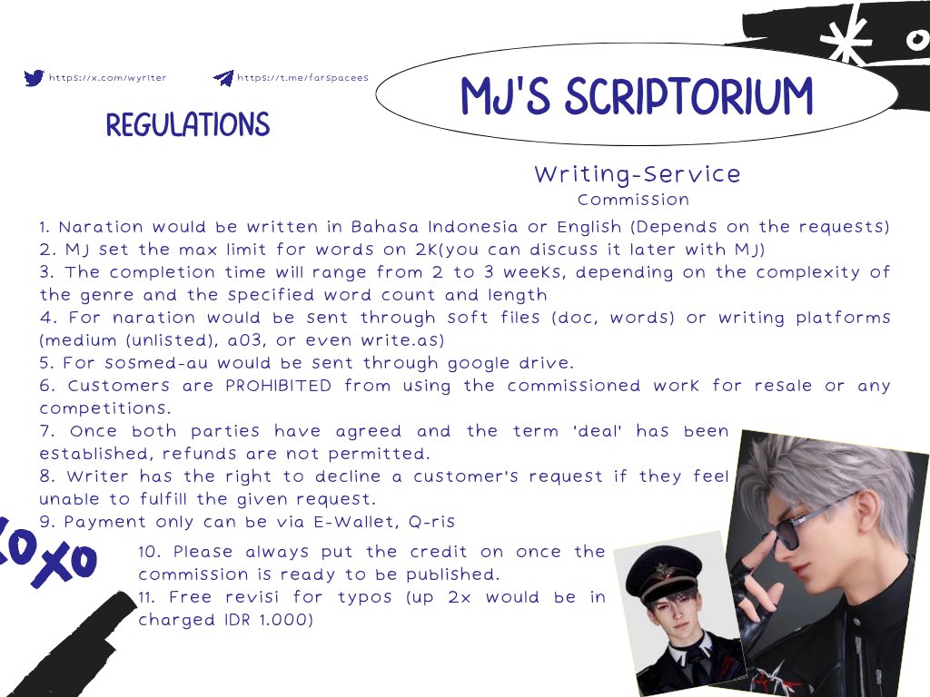 Wyriter's tweet image. hi, beli commission writing di aku guys. kalo butuh narasi buat au bisa chat skrng juga me open sampai me males. kalo mau cek portofolionya ada di ch tele me @.farspacees gas in jajan👊🏻👊🏻😜