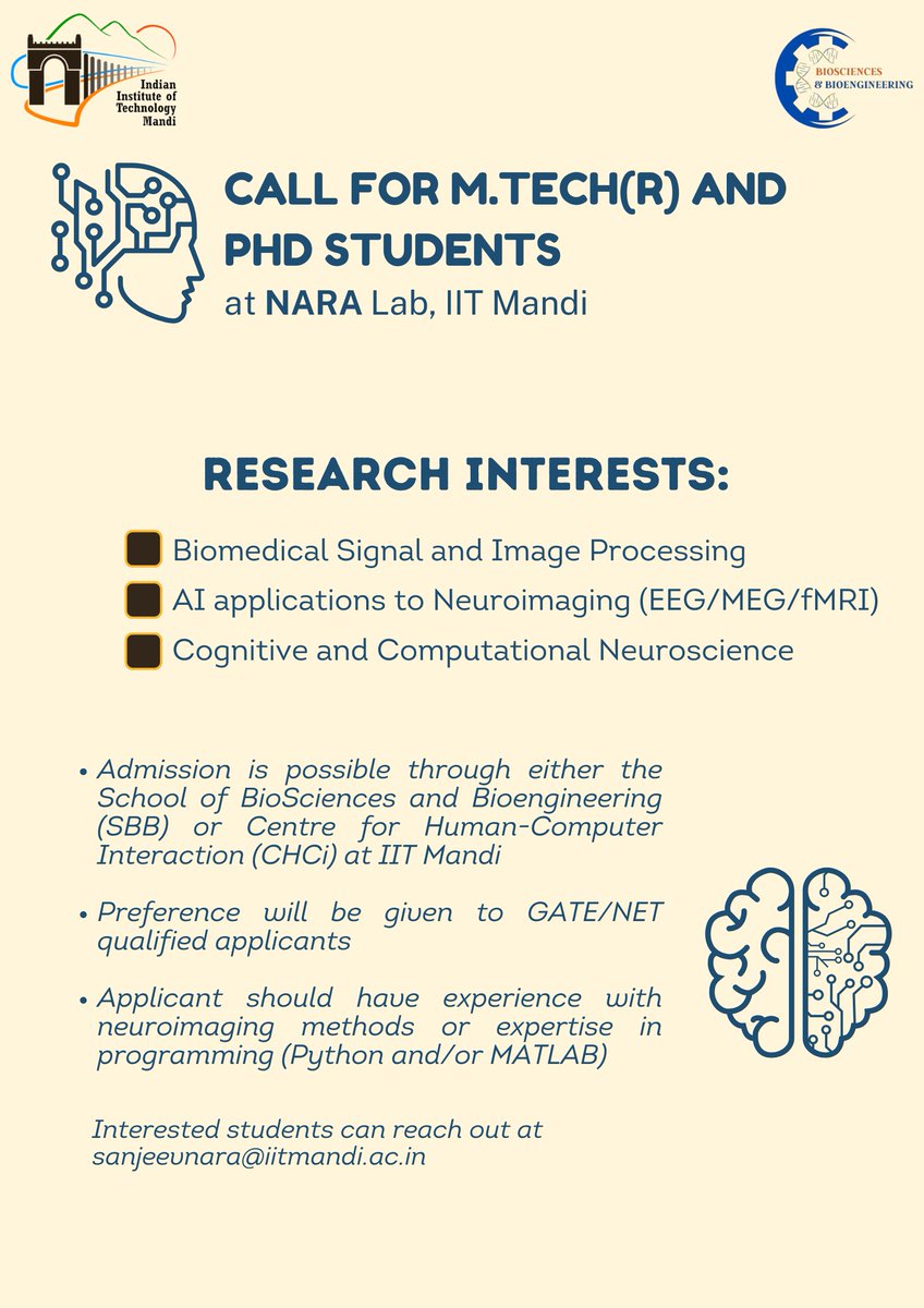 sanjeev_nara's tweet image. Dear All,
I am looking for M.Tech (Research) and PhD students for the upcoming July 2025 intake at IIT Mandi, Himachal Pradesh, India.
My lab has access to EEG, fMRI, MEG, Eye-Tracking and Brain Stimulation techniques.