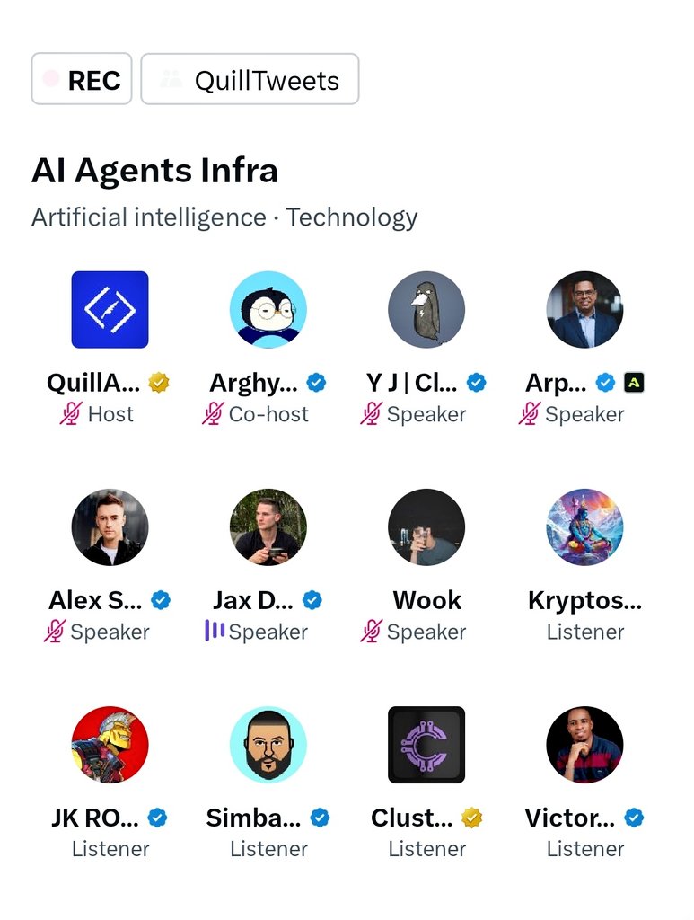 🌟 Thrilled to be part of the "AI Agents Infra" Twitter Space 🔥🎉 Hosted by the brilliant minds of
<a href="/QuillAudits_AI/">QuillAudits 📍 Token2049 🥷</a> with co-host 
<a href="/ArghyaChow14/">Arghya</a>
featuring top-tier speakers like <a href="/0xriskyvision/">Sudipan | Chainrisk 🛡️</a> <a href="/AlexStigerX/">Alex Stiger</a>
<a href="/depindaddy/">Y J | Cluster Protocol | (🗽/ Acc )</a>, <a href="/Arp_it1/">Arpit Sharma</a> from <a href="/AethirCloud/">Aethir</a>, 
<a href="/raopreetam_/">Preetam 📍Token2049 🥷🏄</a> , 
<a href="/jaxxdwyer/">Jax Dwyer</a>