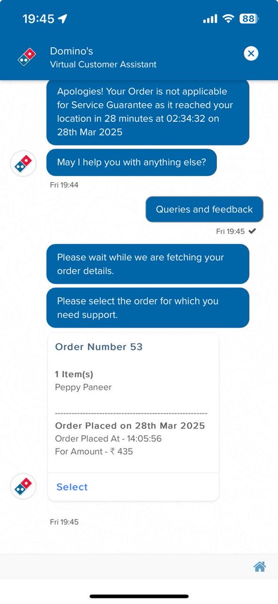 tecrajeev's tweet image. ⁦@dominos_india⁩ a false statement given by you or your system that my order delivered in 28 min while it was delivered in 40 min approx. screenshots are self explanatory.your manager behaves rudely.any way I need my 300 points of late delivery credited.