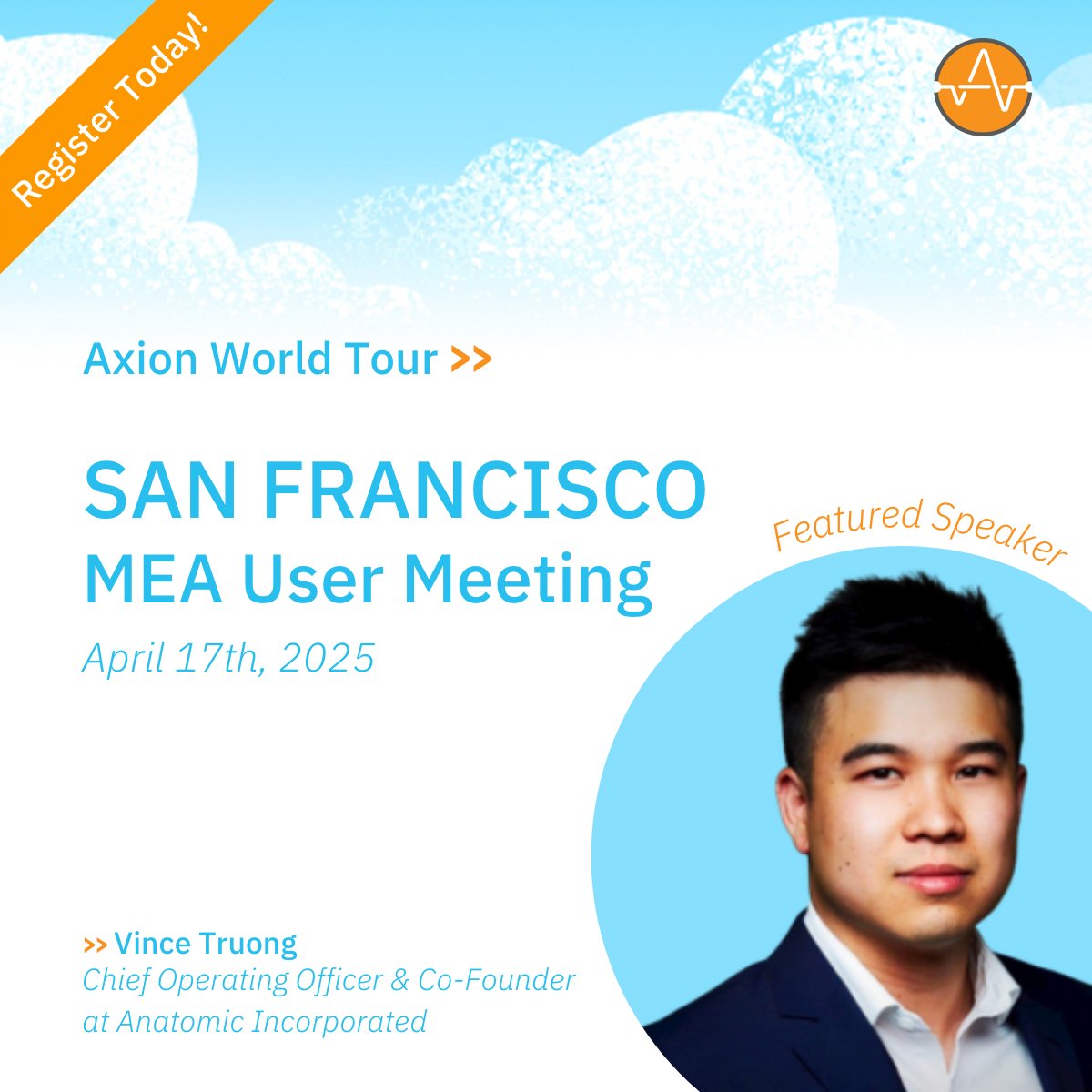 AnatomicTech's tweet image. 🌉Vince will be speaking at the @AxionBioSystems World Tour: San Francisco User Group Meeting on April 17, 2025!
🎤“Completing the Circuit: Advanced hiPSC-Based Models of the Peripheral Nervous System for Disease Modeling and Drug Discovery&quot;

🔗Register axionbiosystems.com/axion-world-to…