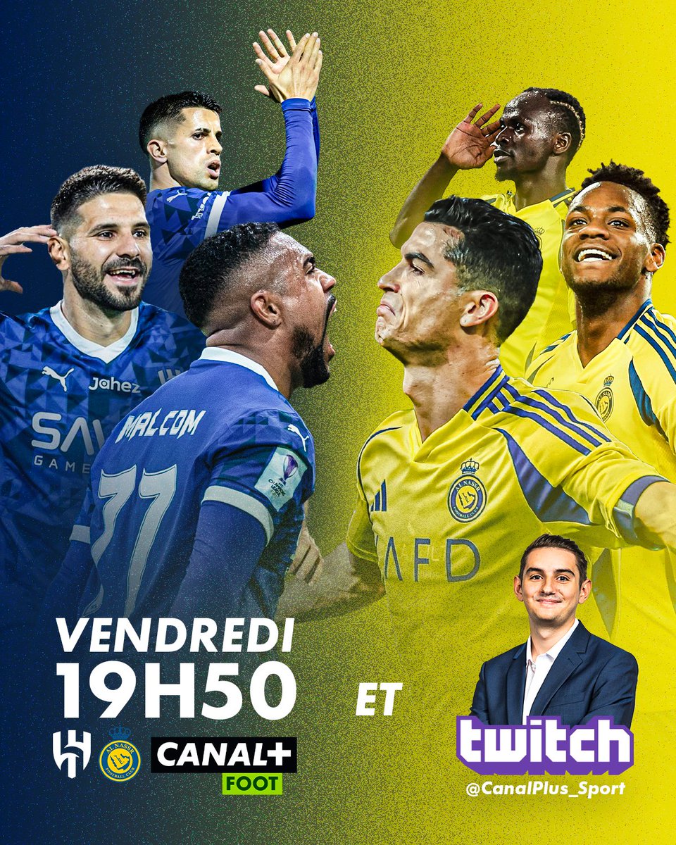 CANAL+ Foot (@canalplusfoot) on Twitter photo Hop hop hop, vous faites quoi ce soir ? ⚡️
Parce qu'<a href="/Alx_Araujo/">Alexandre Araujo</a> vous attend pour regarder Al-Hilal / Al-Nassr sur le twitch CANAL+ Sport 🖥️
CR7, Mané, Durán... rendez-vous à 19H50 pour les voir ⬇️
twitch.tv/canalplus_sport
#SaudiProLeague Hop hop hop, vous faites quoi ce soir ? ⚡️
Parce qu'<a href="/Alx_Araujo/">Alexandre Araujo</a> vous attend pour regarder Al-Hilal / Al-Nassr sur le twitch CANAL+ Sport 🖥️
CR7, Mané, Durán... rendez-vous à 19H50 pour les voir ⬇️
twitch.tv/canalplus_sport
#SaudiProLeague