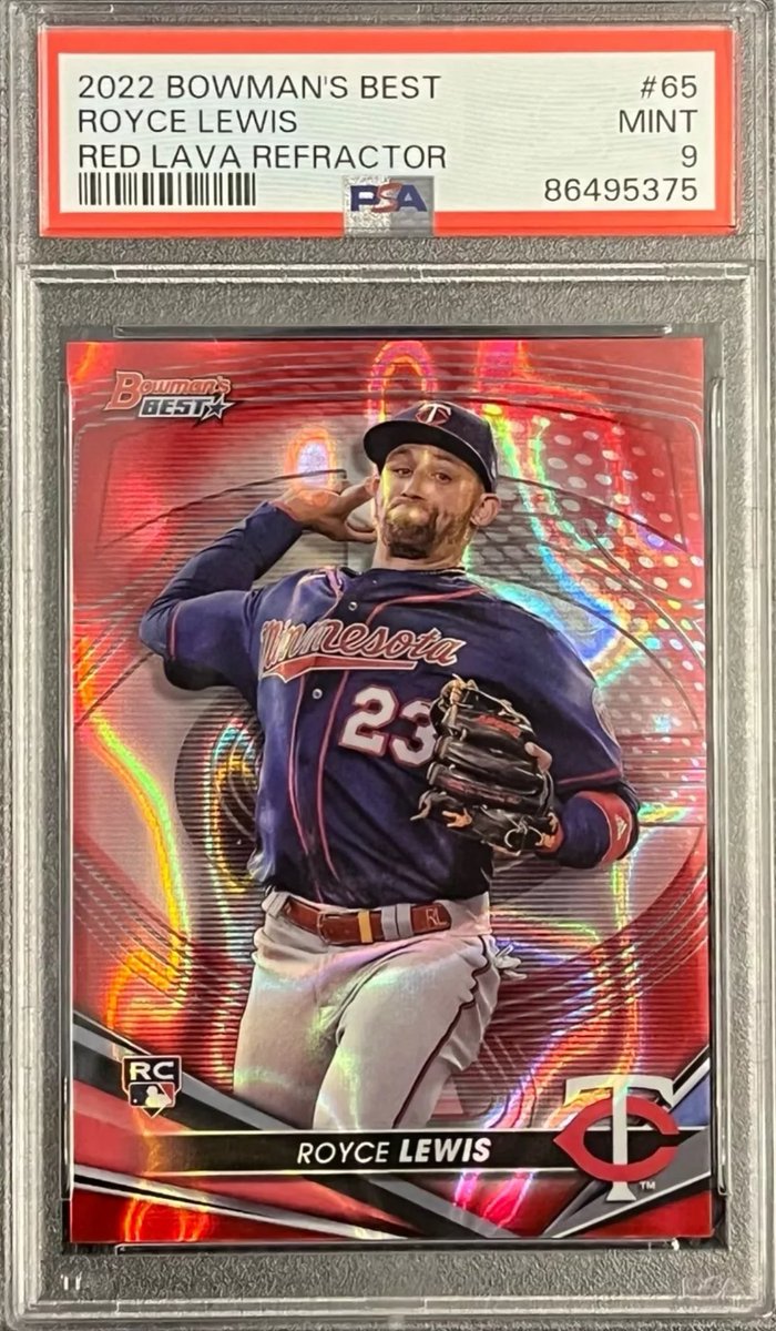 CardsDustin's tweet image. Another Royce Lewis Rookie /5 I’m so pumped! 🔥🔥🔥
2022 Bowman’s Best Royce Lewis Red Lava Refractor Rookie RC /5 PSA 9 Mint