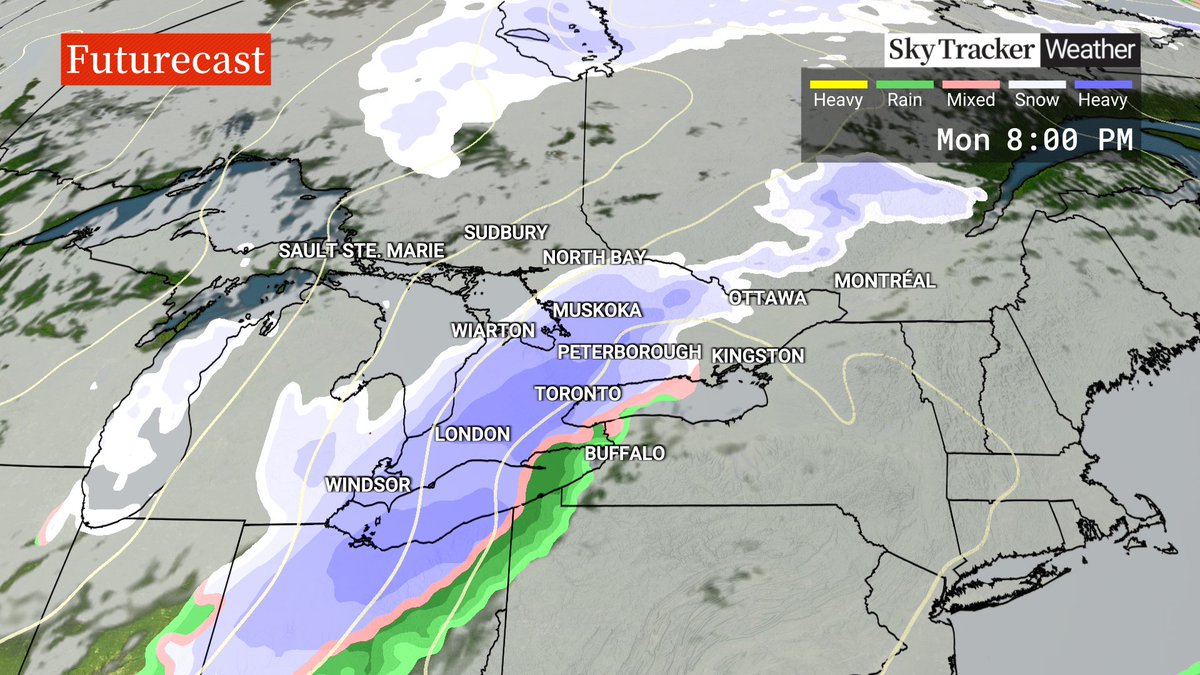 Don't let the 20C weather this week fool you - tracking a blast of Arctic air early next week coupled with a system that could bring accumulating snow (possibly significant for some areas) to southern ON Monday evening into early Tuesday. Don't swap your tires just yet! #onstorm