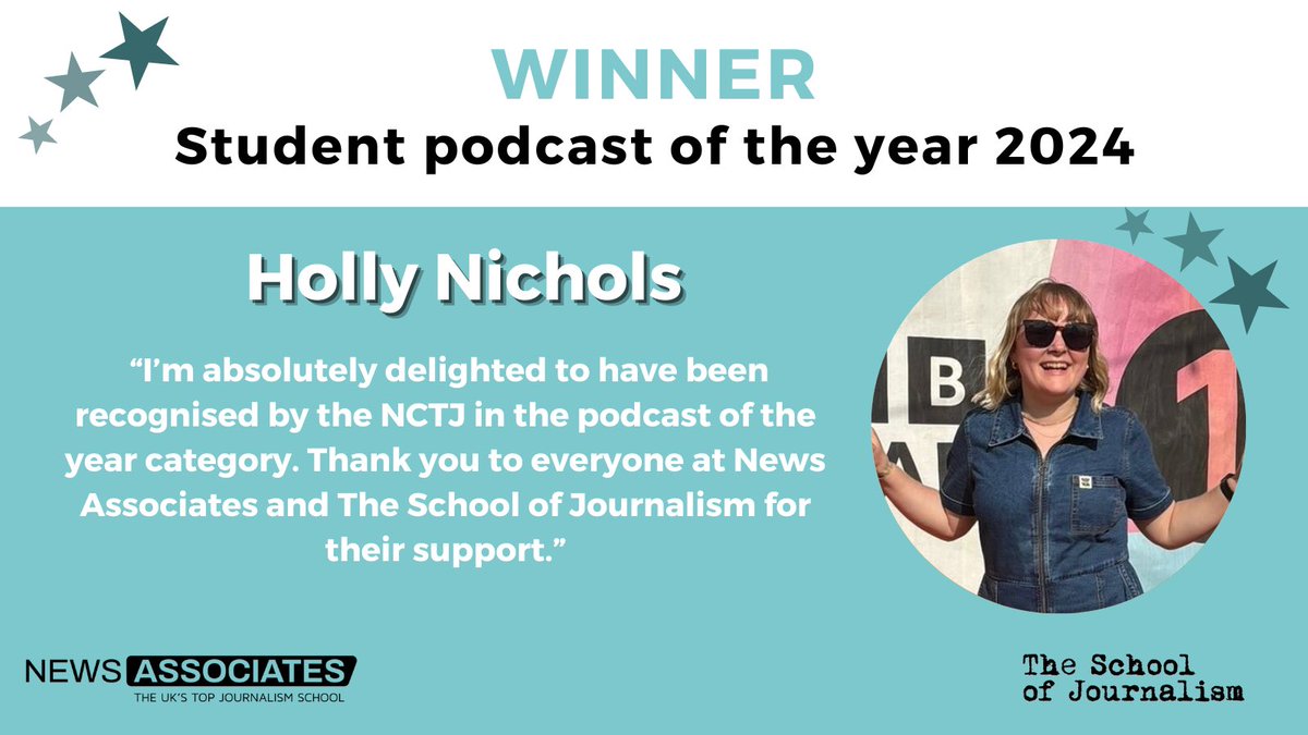 Huge congratulations to <a href="/HollyNichols_/">Holly Nichols</a> for winning the student podcast of the year award! ⭐️🏆

#TeamNA #StartedHere #NCTJAwards <a href="/NCTJ_news/">NCTJ</a> <a href="/TheJournoSchool/">School of Journalism</a> 

🙌✨👏🎉🌟