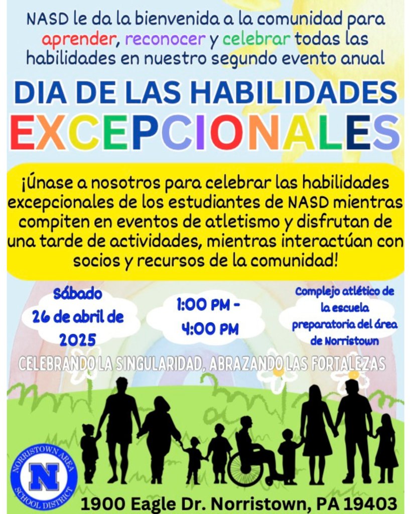 Join us for our 2nd Annual Exceptional Abilities Day! 🌈☀️💙🎉 Come celebrate with us on Saturday, April 26, from 1-4 PM at the NAHS Athletic Complex. Enjoy track &amp; field events, fun activities, and connect with community partners and resources. Let's make it a day to remember!
