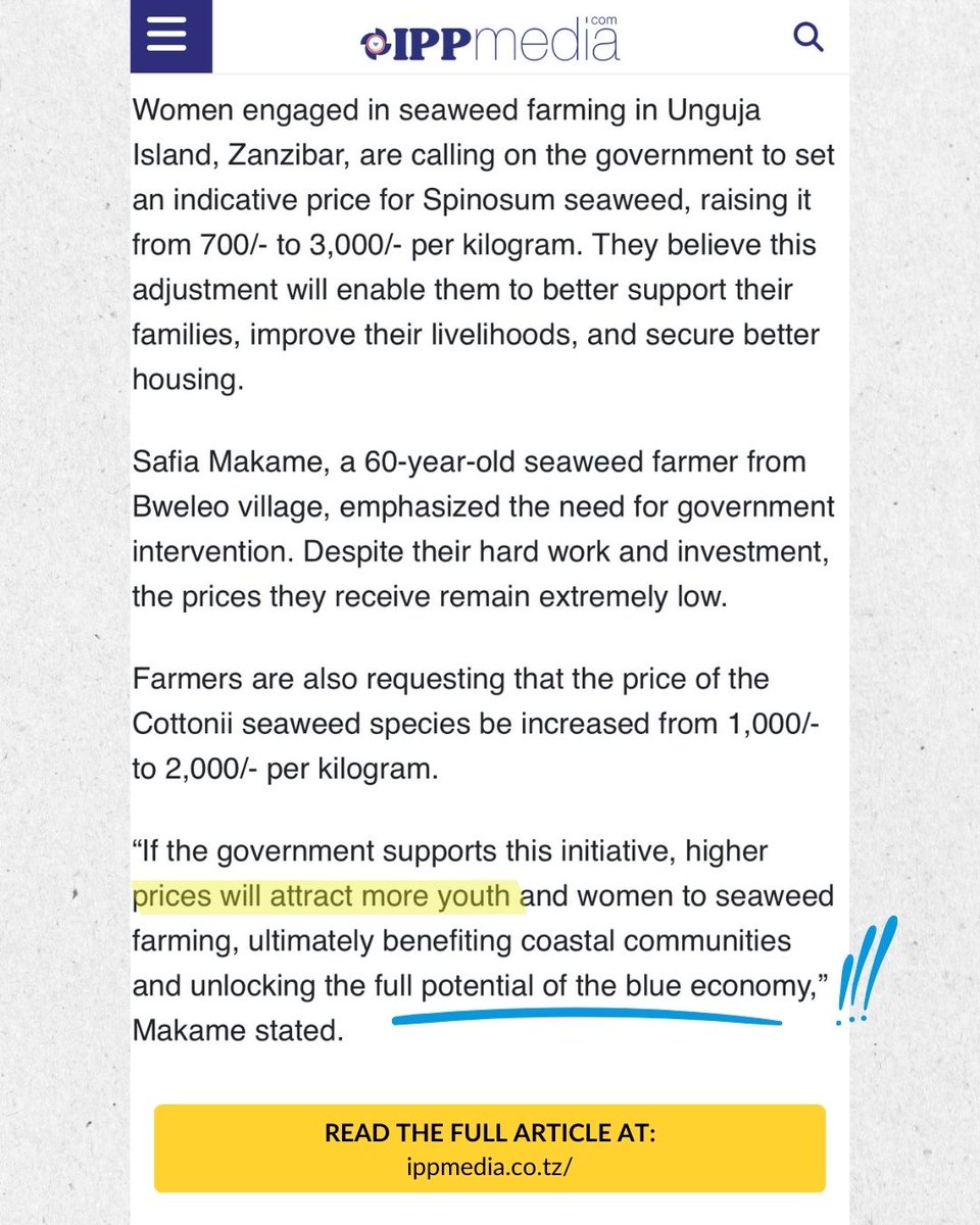 🚨 BREAKING: Zanzibar’s Seaweed Farmers Demand Fair Prices! 🌊🌱

As reported by The Guardian Tanzania, Zanzibar’s 30,000+ seaweed farmers—80% of them women—are calling for fair prices in an industry that undervalues their work. #ascendingafrica #kilindini
