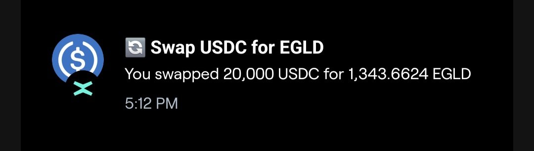 I AM STILL BUYING!
Swapped 20k USDC for 1340 $EGLD.

If $EGLD drops below $10 I will be buying like an ANIMAL.

I will sell one of my apartments in Dubai worth $600k and will buy 60k+ $EGLD.

Make it or break it!