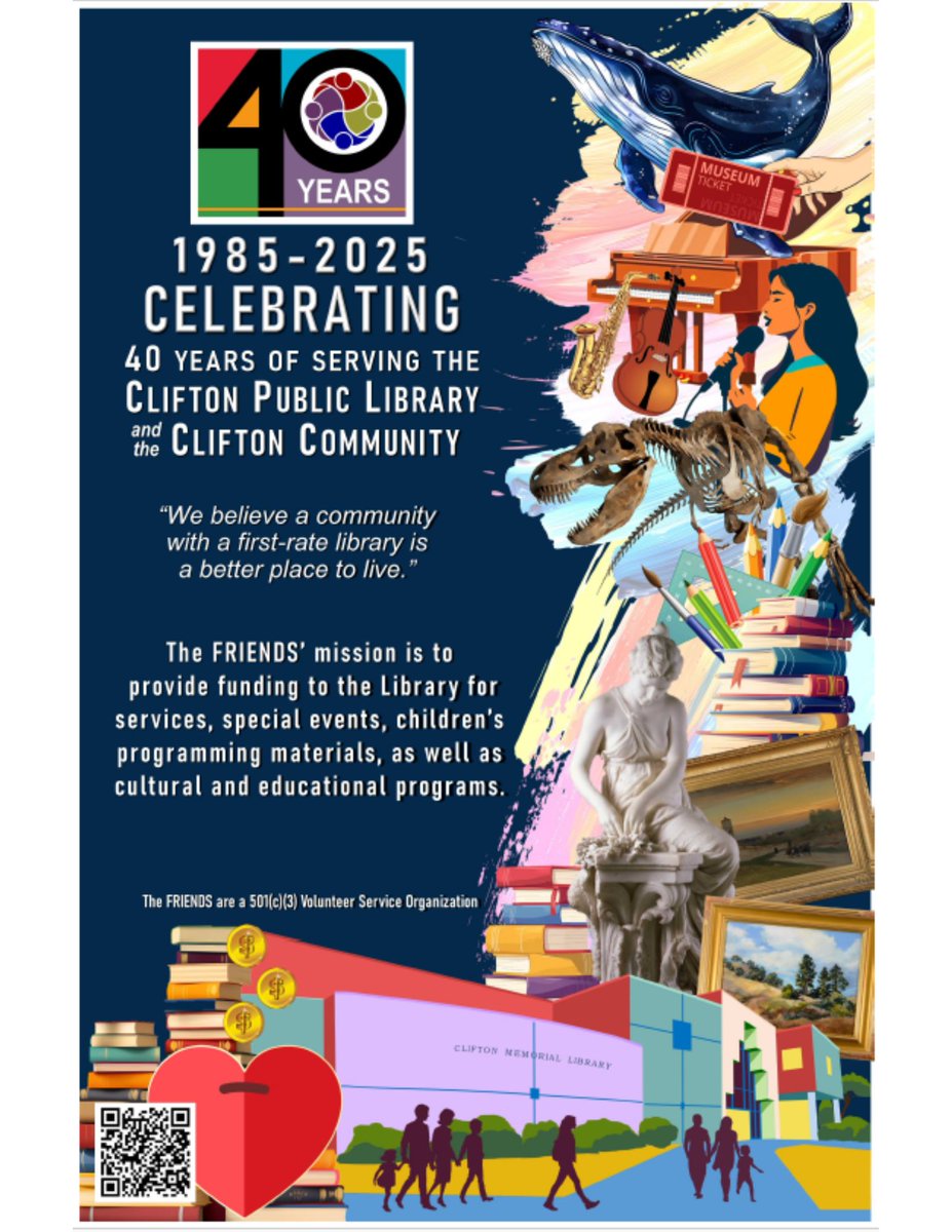 CliftonLibChild's tweet photo. This April, the FRIENDS of the Clifton Public Library will celebrate their 40th Anniversary year of serving the Library and the community of Clifton, NJ.
On Wednesday, April 30th the FRIENDS semi-annual membership meeting will be held at the Main Library from 6 pm-8 pm. https://t.co/s3QmfQyr4n