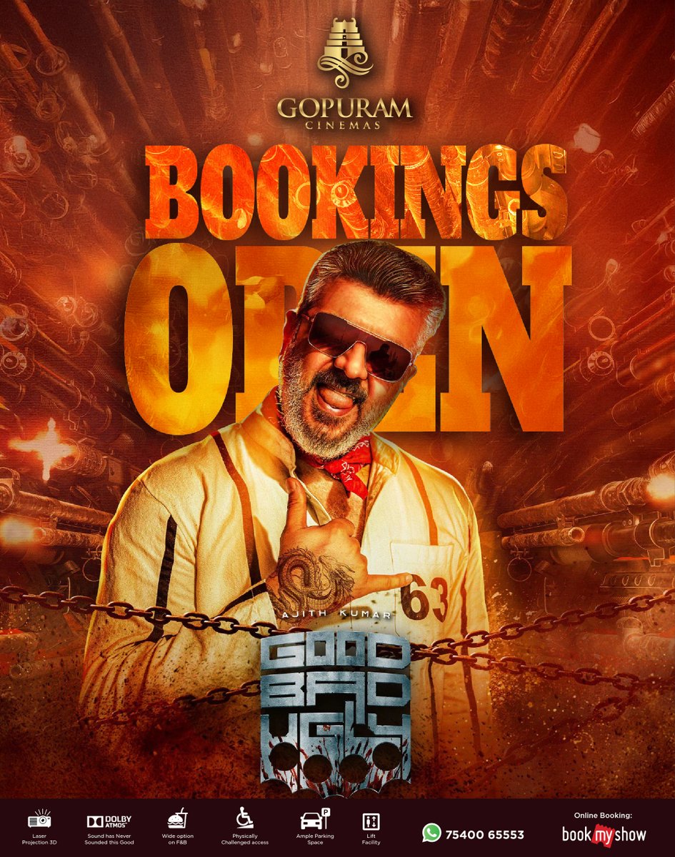 Maamey! Idhu OG sambavam da!💥 Bookings are now OPEN for #GoodBadUgly at our <a href="/Gopuram_Cinemas/">Gopuram Cinemas</a>! Mass-u overload incoming! 🎟️

Book Now - t.ly/H_3hm
Experience it with Laser Projection and DOLBY ATMOS🔊

<a href="/trishtrashers/">Trish</a> <a href="/MythriOfficial/">Mythri Movie Makers</a> <a href="/Adhikravi/">Adhik Ravichandran</a> <a href="/suneeltollywood/">Suneel</a>