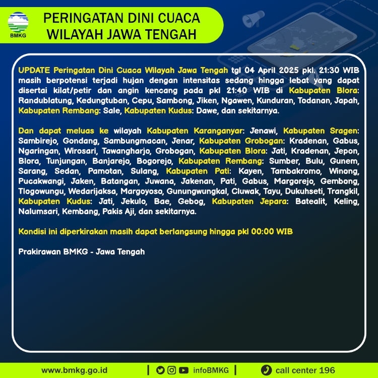 Update Peringatan Dini Cuaca Wilayah - Jawa Tengah Tgl. 04 April 2025 pkl. 21:40 WIB
Prakirawan - BMKG - Jawa Tengah
nowcasting.bmkg.go.id/nowcast?kodwil…