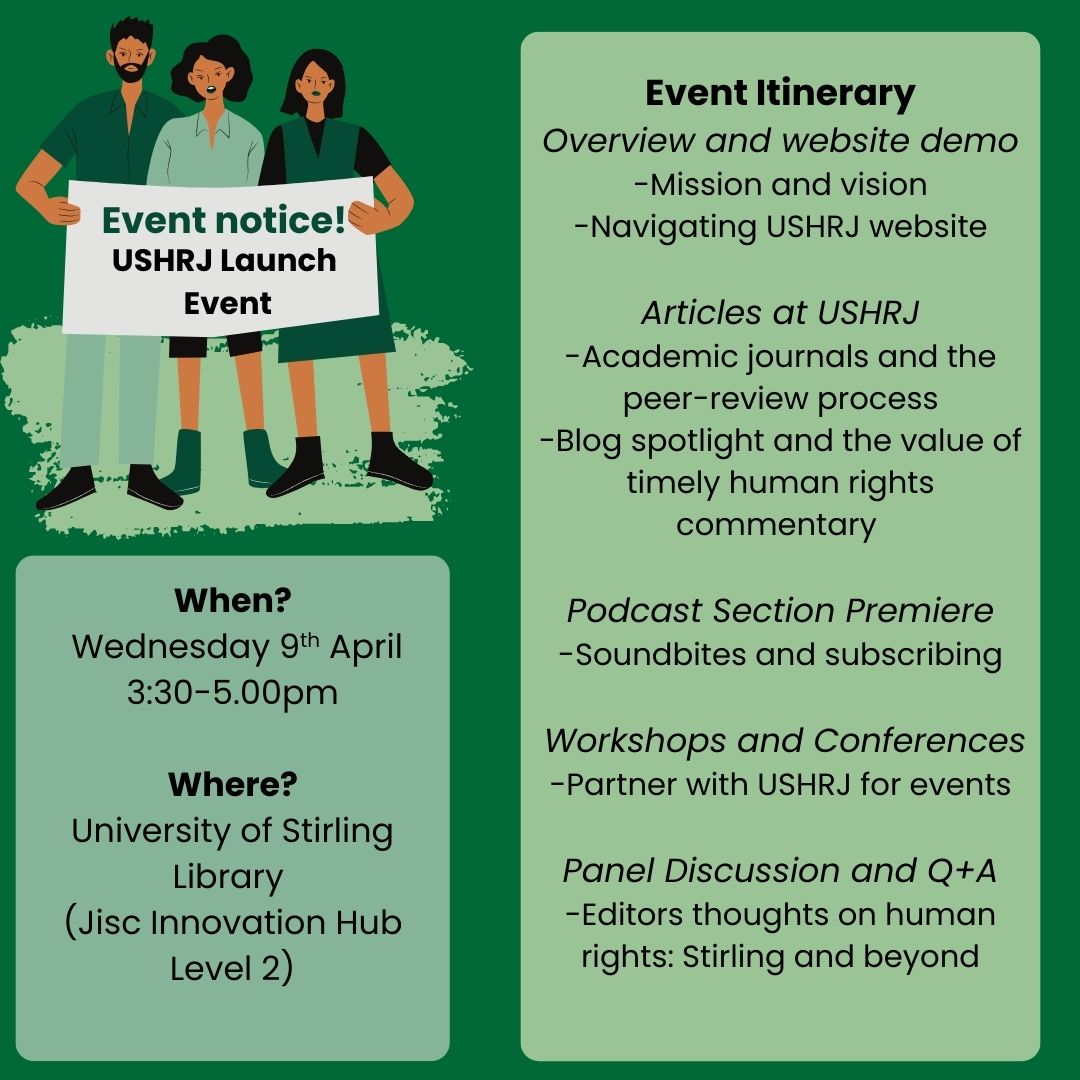 🚀 4 days to go!
The USHRJ Launch Event is almost here. Join us for an afternoon of insightful discussions and new opportunities to engage with human rights research.

Register here: bit.ly/3XN1MIx