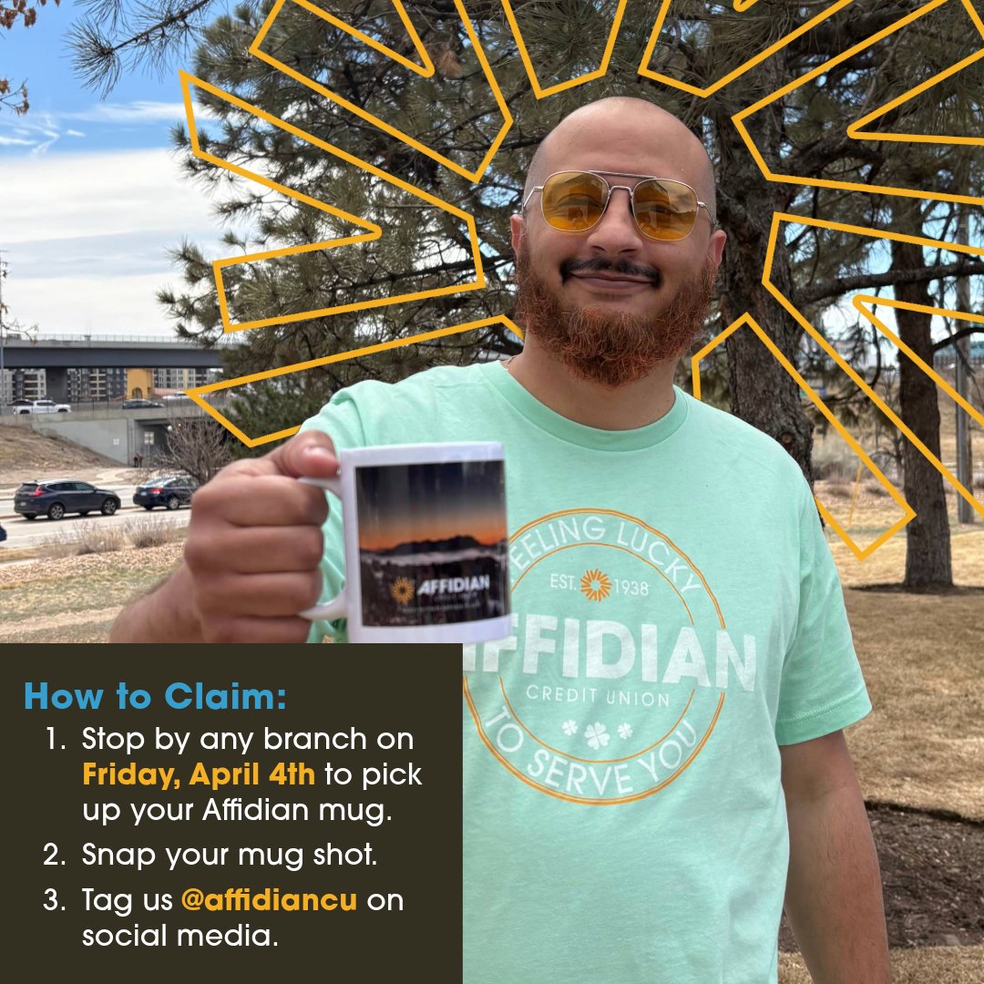 AffidianCU's tweet photo. WANTED: Your Best Mugshot!

Stop by any Affidian branch on Friday, April 4th to grab your exclusive Affidian mug. Snap a creative "mug shot" with your new mug and tag us @affidiancu for a chance to win a brand-new Affidian duffle bag!

Don't miss out — let's see those mug shots! https://t.co/5Cwpj2xpEQ