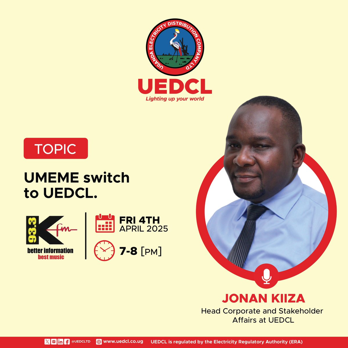 UEDCLTD's tweet image. Tonight on 93.3 K FM: &quot;Umeme switch to UEDCL – What You Need to Know!&quot;

Don’t miss out as we break down the latest updates on #TheBigSwitch. 

#UedclUpdates