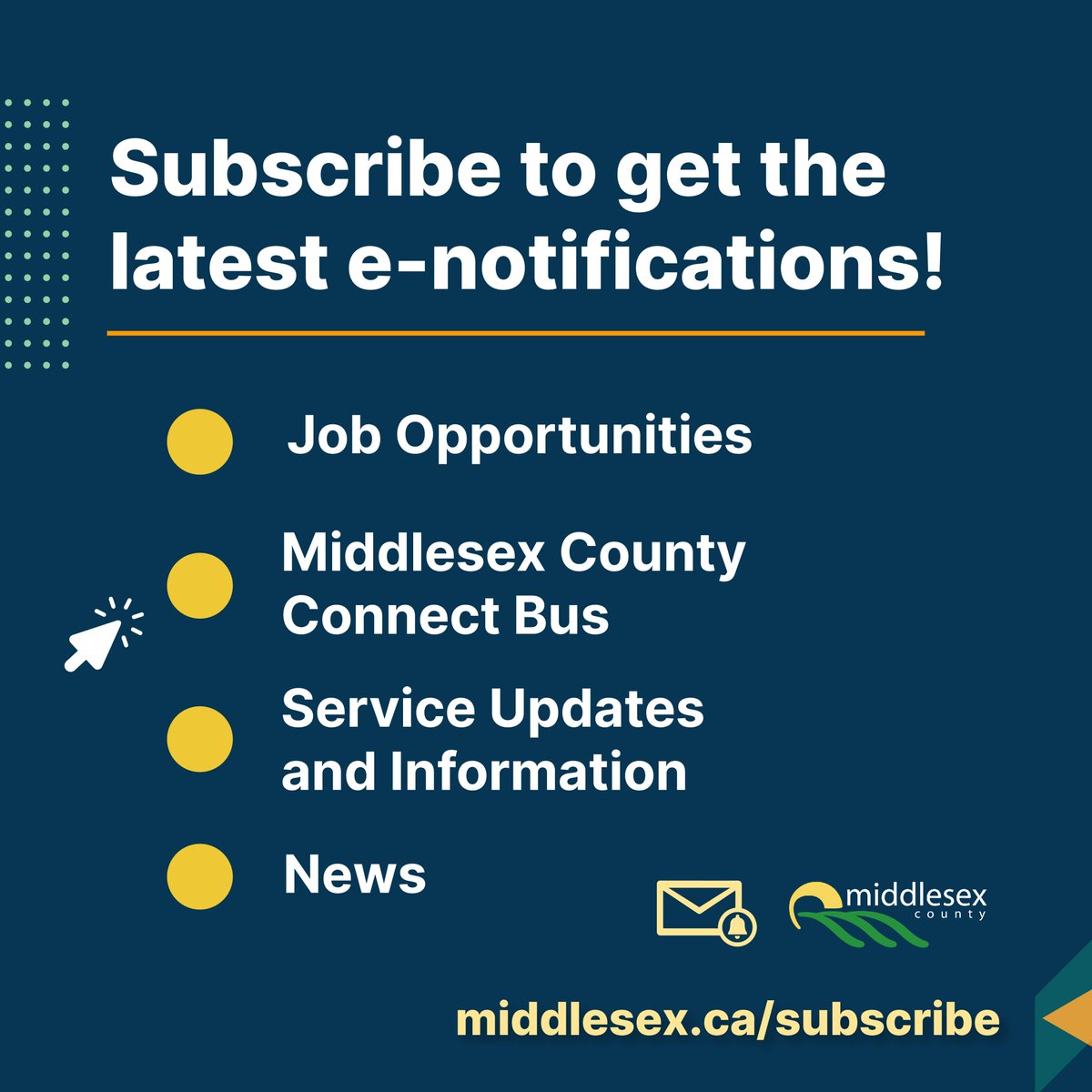 📷 Stay Informed and get the latest updates 📷 on road closures, job opportunities, news and Middlesex County Connect bus services. Subscribe to receive essential information directly at 📷 middlesex.ca/subscribe.

#MiddlesexCounty #SubscribeNow #Updates #PublicInformation