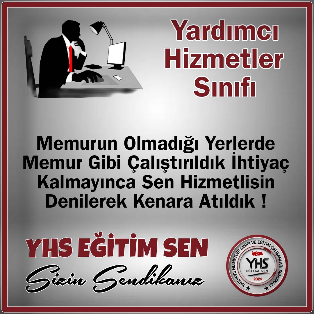 Memurun Olmadığı Yerlerde Memur Gibi Çalıştırıldık İhtiyaç Kalmayınca Sen Hizmetlisin Denilerek Kenara Atıldık !
 #YHSninSesiniDuy
#YardımcıHizmetlerSınıfı 

<a href="/RTErdogan/">Recep Tayyip Erdoğan</a> <a href="/hasandogan/">Hasan Doğan</a>
 <a href="/eczozgurozel/">Özgür Özel</a> <a href="/MDervisogluTR/">Müsavat Dervişoğlu</a> <a href="/dbdevletbahceli/">Devlet Bahçeli</a>
@ErbakanFatih 
<a href="/_cevdetyilmaz/">Cevdet Yılmaz</a> <a href="/ComezTurhan/">Turhan Çömez</a>
