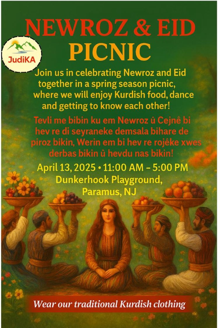 Ready to celebrate Newroz and Eid together with us in Paramus, NJ on Sunday, April 13th? Save a spot for you, and your family and friends! 

Werin em Newroz û Eîd ê tev lû hev li Paramus, NJ pîroz bikin! Qeyda xwe çêbikin 👇

eventbrite.com/e/131004619643…

#KurdsInAmerica #Kurdistan