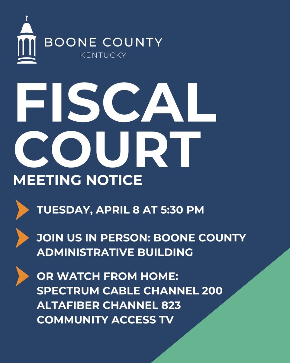 The Boone County Fiscal Court will hold its next meeting on Tuesday, April 8 at 5:30 p.m. Join us in person or watch from home:

Spectrum Cable Channel 200
altafiber Channel 823
Community Access TV

Livestream at bit.ly/483IUYb

View the agenda: bit.ly/46SVSri