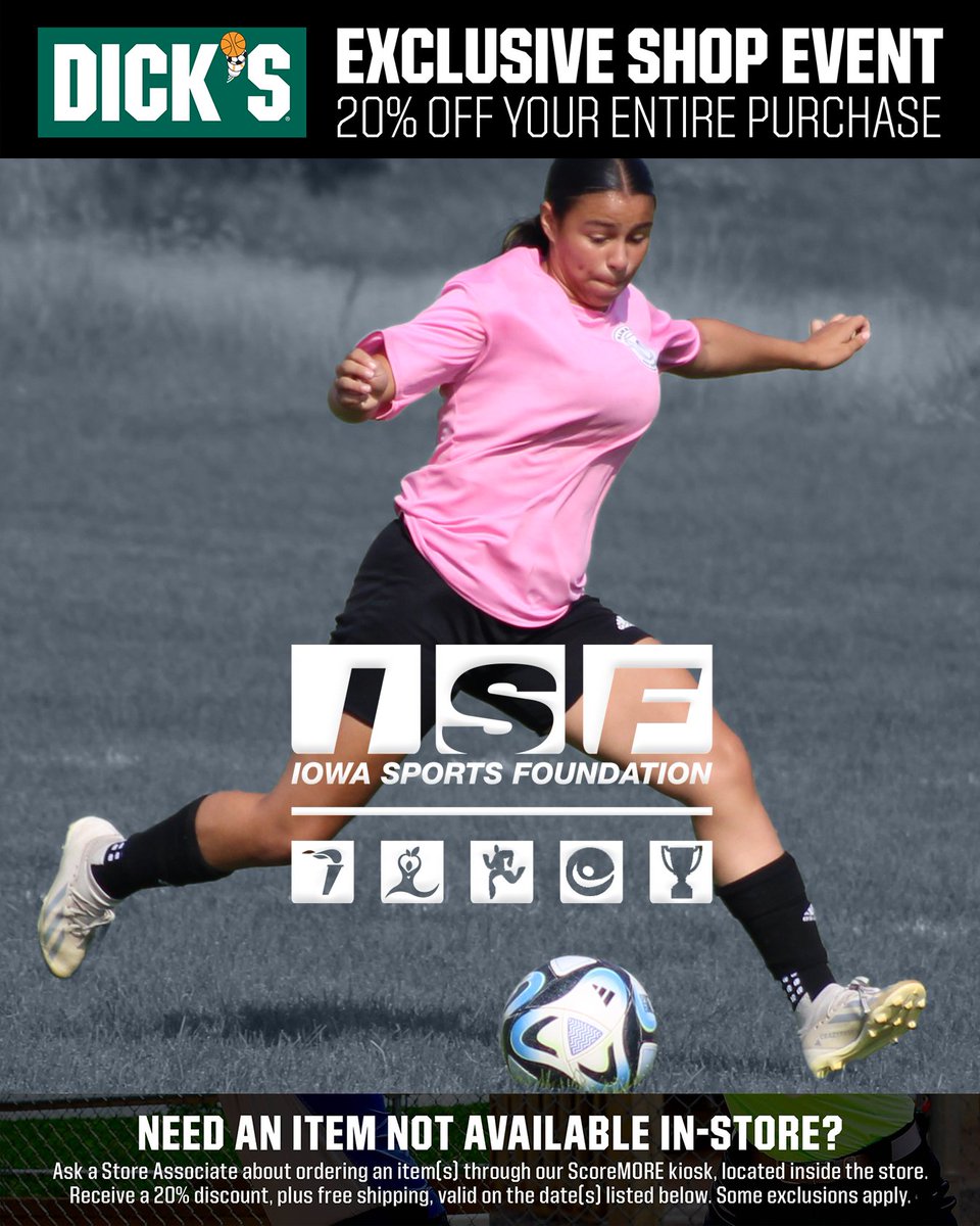 SALE STARTS TODAY
DICK'S Sporting Goods
📅 April 4-7
💲20% OFF your entire purchase
📍 All Iowa locations

Access your coupon today! bit.ly/DSG-20OFF-Apri…