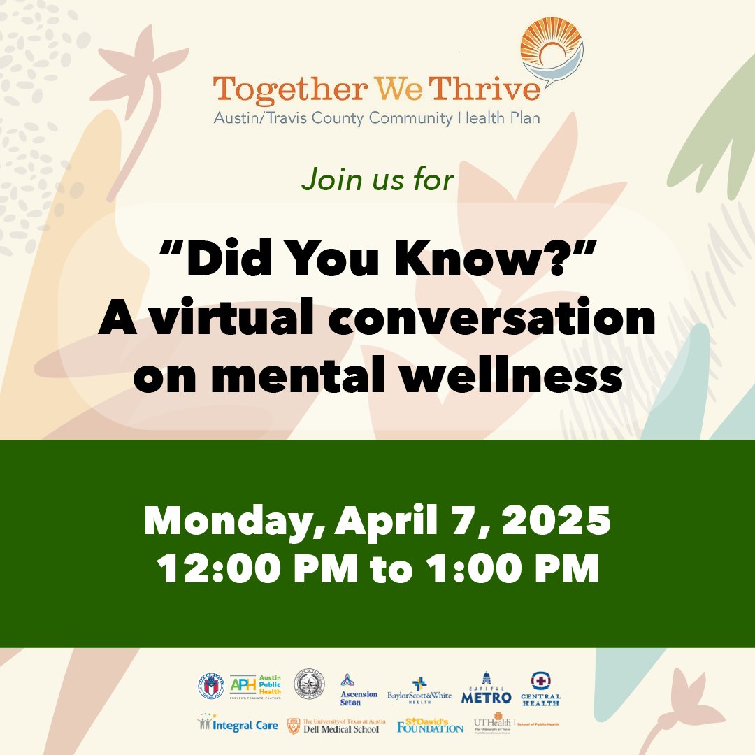 Austin Public Health (@auspublichealth) on Twitter photo 🧠 Let’s break the stigma. Join APH and #TogetherWeThrive for a virtual chat about mental health, share resources and support each other.
📅 Mon, April 7, 12 p.m.
🔗 zoom.us/webinar/regist…
<a href="/IntegralCareATX/">Integral Care</a> <a href="/canATX/">Community Advancement Network (CAN)</a> 🧠 Let’s break the stigma. Join APH and #TogetherWeThrive for a virtual chat about mental health, share resources and support each other.
📅 Mon, April 7, 12 p.m.
🔗 zoom.us/webinar/regist…
<a href="/IntegralCareATX/">Integral Care</a> <a href="/canATX/">Community Advancement Network (CAN)</a>
