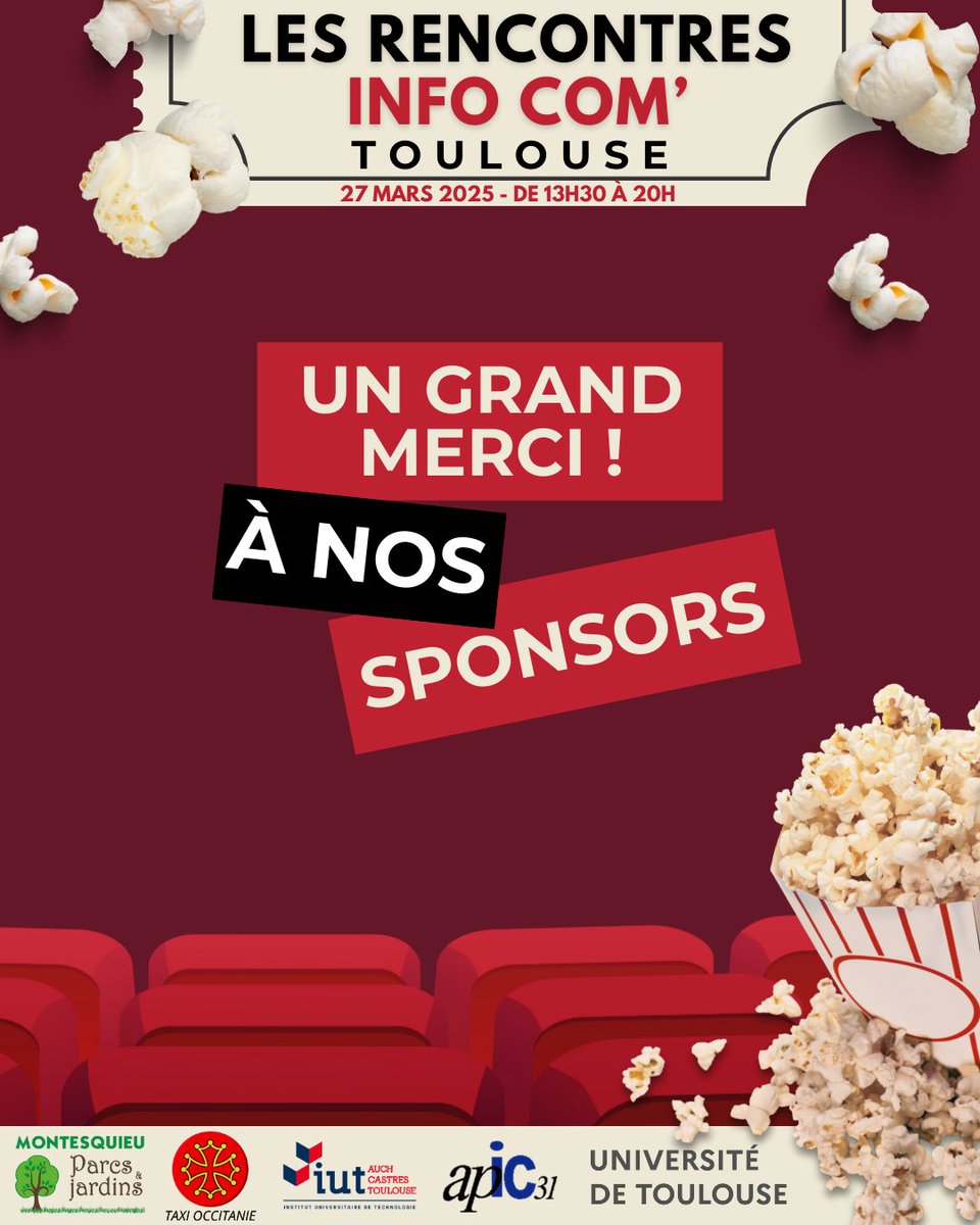 RICTlse's tweet photo. Un grand merci à nos précieux sponsors ! 🙏
Nous tenons à exprimer nos sincères remerciements à tous nos généreux sponsors, 🌳Montesquieu Parcs et Jardins, 🚕 Taxi Occitanie pour cette saison des Rencontres InfoCom 2025❤️

#RencontresInfoCom #Soutien #Partenaire #Cinéma #Sponsors https://t.co/gpkCipsXPb