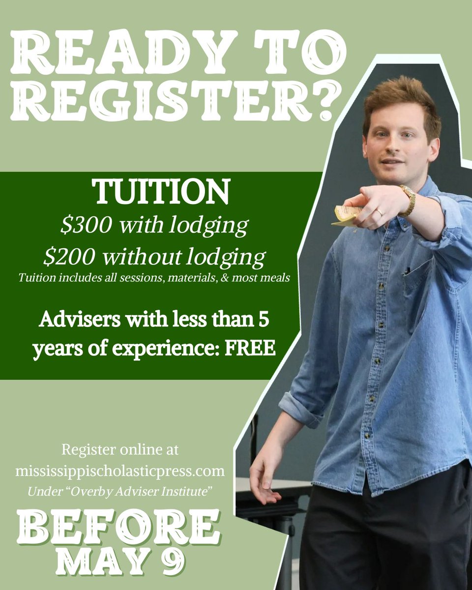 Hey advisers! Want to learn from other HS journalism advisers around the state?
Join us this summer on the University of Mississippi campus for the 2025 Overby Adviser Institute ☀️
Register before May 9th using the link in our bio #OAI25