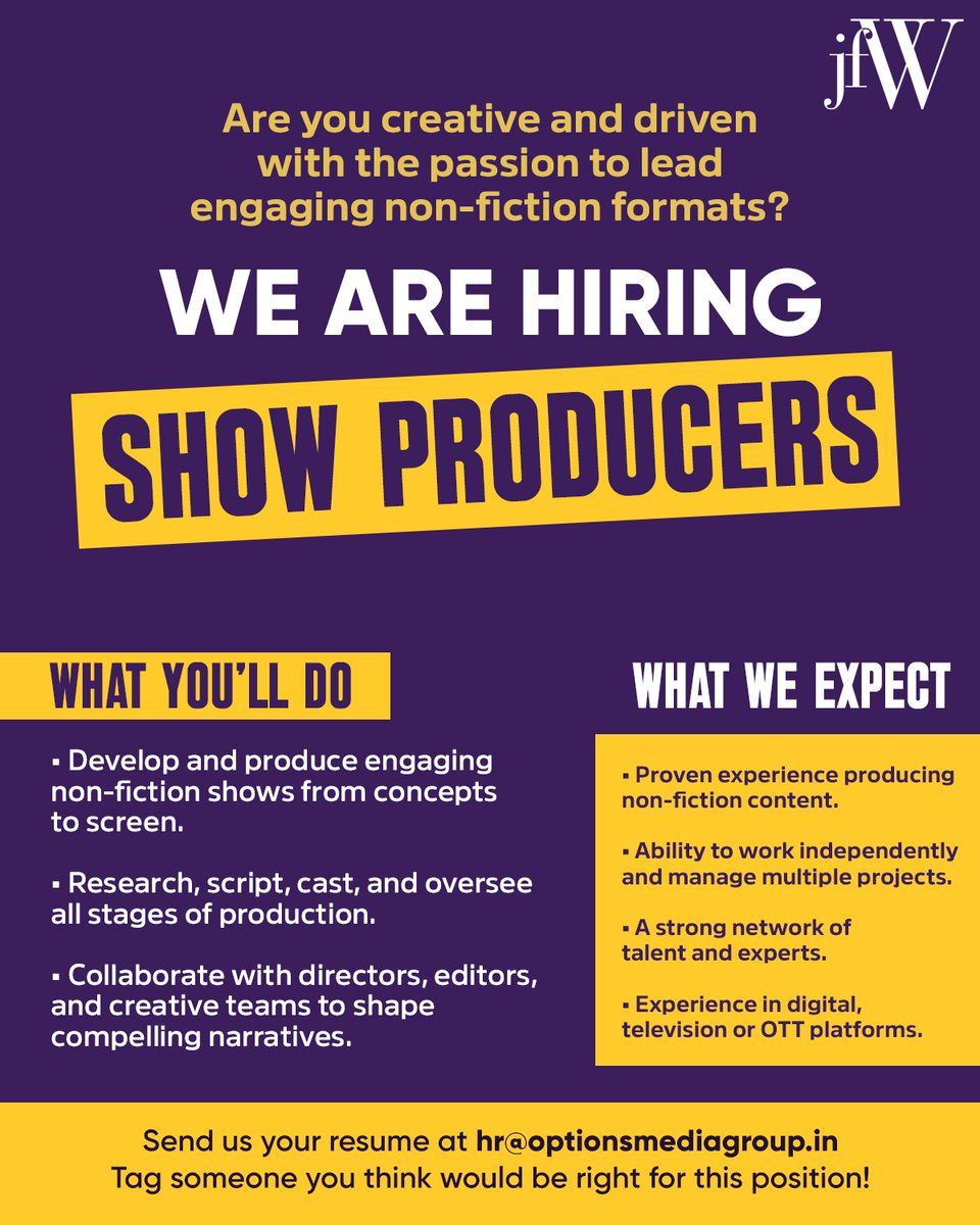 jfwdigital's tweet photo. Here’s a chance for you to join the JFW team!
#hiring #showproducer #chennai #hiringchennai #workforus #requirements #applynow #mediahiring #chennaihiring https://t.co/zLR69FNQvu