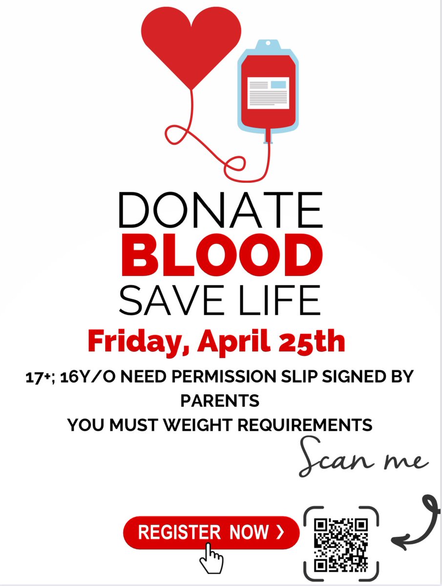 Sign up to donate blood today! A single pint of blood can save 3 lives. Make sure you check if you meet weight and height requirements before signing up. 16 year olds must have a parent signature. Use the QR Code or link in bio 🩸
