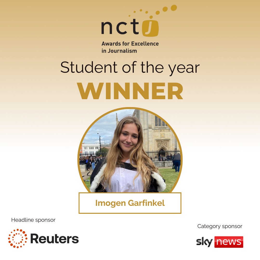 NCTJ (@nctj_news) on Twitter photo Now for student of the year, sponsored by <a href="/SkyNews/">Sky News</a> 🎓
Huge congratulations to <a href="/ImogenGarfinkel/">Imogen Garfinkel</a> of <a href="/PAMediaAcademy1/">PA Media Academy</a>, now at <a href="/JewishChron/">The Jewish Chronicle</a> 🗞️. She achieved seven A’s and the best diploma results out of 1,239 students – incredible achievement! 👏
#NCTJAwards Now for student of the year, sponsored by <a href="/SkyNews/">Sky News</a> 🎓
Huge congratulations to <a href="/ImogenGarfinkel/">Imogen Garfinkel</a> of <a href="/PAMediaAcademy1/">PA Media Academy</a>, now at <a href="/JewishChron/">The Jewish Chronicle</a> 🗞️. She achieved seven A’s and the best diploma results out of 1,239 students – incredible achievement! 👏
#NCTJAwards
