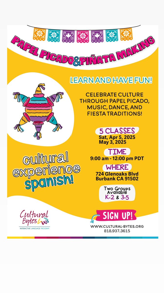 cultural_bytes's tweet photo. Cultural EXPERIENCE : Papel Picado &amp; Piñata Making

✅ Spanish – Papel Picado &amp; Fiesta Time: Kids create papel picado decorations, learn about Mexican fiesta traditions, and explore Spanish vocabulary through music and movement.

Sign up here https://t.co/0CFJ70poUs https://t.co/npdsjarzoc