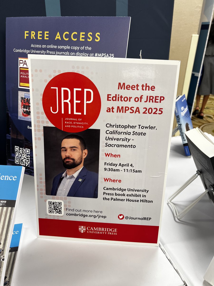 blkprofcct's tweet image. If anyone at #MPSA is interesting in discussing publishing in @JournalREP (or just wants to say hi 👋🏽), I’m currently at the @CUP_PoliSci table at the book fair this morning. Please stop on by!