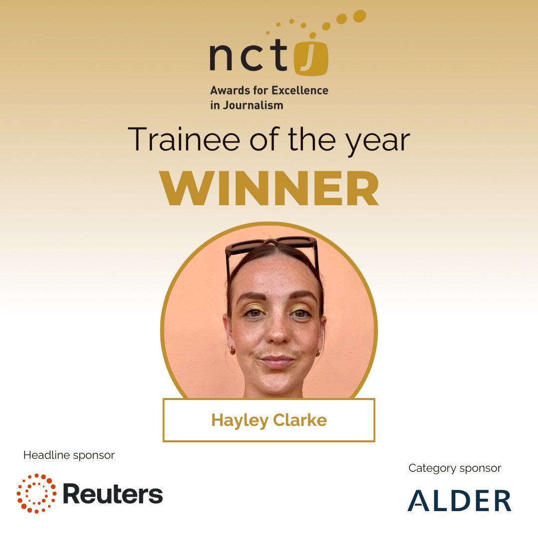 NCTJ (@nctj_news) on Twitter photo And finally… trainee of the year, sponsored by Alder Media 🏆
A huge well done to <a href="/hayleytclarke/">Hayley Clarke</a> of <a href="/BBCNews/">BBC News (UK)</a>, who achieved the best overall NQJ results this year – with distinctions in all three assessments!
Also shortlisted for four awards!👏
#NCTJAwards And finally… trainee of the year, sponsored by Alder Media 🏆
A huge well done to <a href="/hayleytclarke/">Hayley Clarke</a> of <a href="/BBCNews/">BBC News (UK)</a>, who achieved the best overall NQJ results this year – with distinctions in all three assessments!
Also shortlisted for four awards!👏
#NCTJAwards