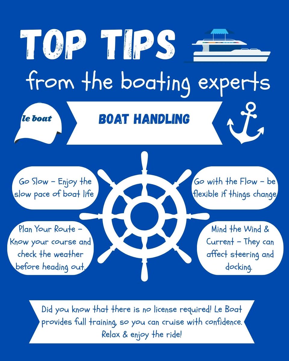 #TopTipTuesday 🚤 Here are some expert tips for first-time boat drivers. Smooth cruising starts here! 🌊✨ #BoatSmart #LeBoat
