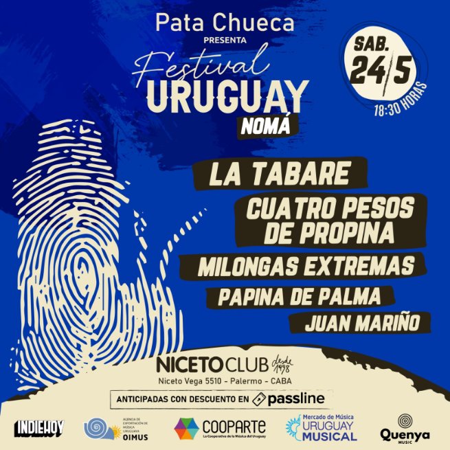 🇺🇾 FESTIVAL URUGUAY NOMÁ EN BS AS 🤘🏼 

El próximo sábado 24 de mayo, Niceto Club presenta una noche única, con cinco grandes artistas de la escena musical uruguaya

🎟️Preventa aquí passline.com/eventos/festiv…

Cc: <a href="/cuatropesos/">cuatropesos</a> <a href="/MilongaExtrema/">Milongas Extremas</a> <a href="/papinadepalma/">Papina De Palma</a> <a href="/Juanmavol_/">Juan Mariño 🎸</a> <a href="/La_Tabare/">La Tabaré</a>