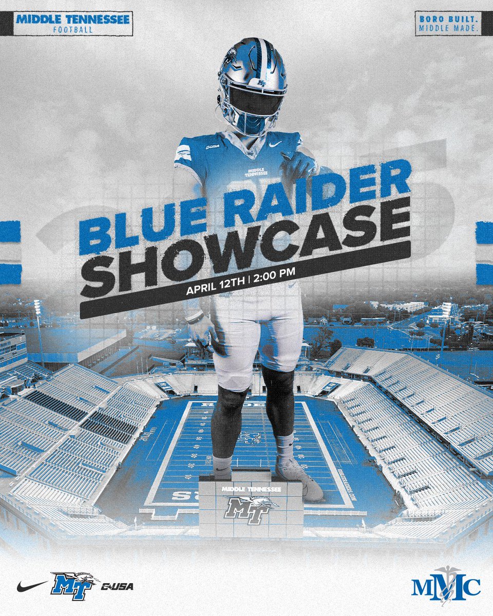 Middle Tennessee Football (@mt_fb) on Twitter photo We're ONE WEEK away from the Blue Raider Showcase presented by MMC! We can't wait to welcome Blue Raider Nation out to Floyd Stadium next Saturday at 2 p.m.
📰 DETAILS: goblueraiders.co/2025Showcase
#BoroBuiltMiddleMade We're ONE WEEK away from the Blue Raider Showcase presented by MMC! We can't wait to welcome Blue Raider Nation out to Floyd Stadium next Saturday at 2 p.m.
📰 DETAILS: goblueraiders.co/2025Showcase
#BoroBuiltMiddleMade