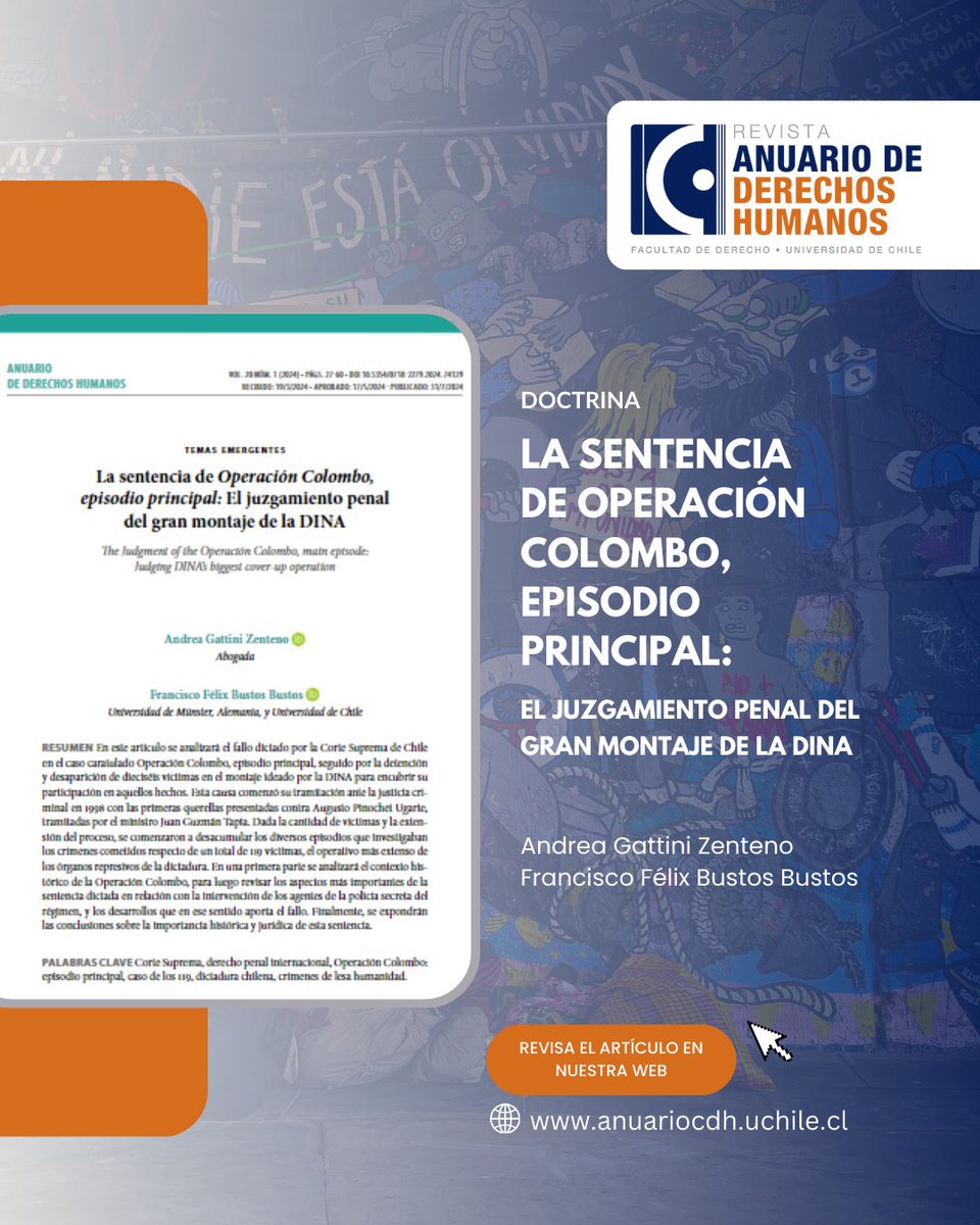 📚 [ARTICULO DE ANUARIO]

📕 Título: "La sentencia de operación Colombo, episodio principal: El juzgamiento penal del gran montaje de la DINA".

📝 Autores: Andrea Gattini Zenteno y Francisco Félix Bustos Bustos. 

💻 Revisa el artículo en el link en:
anuariocdh.uchile.cl