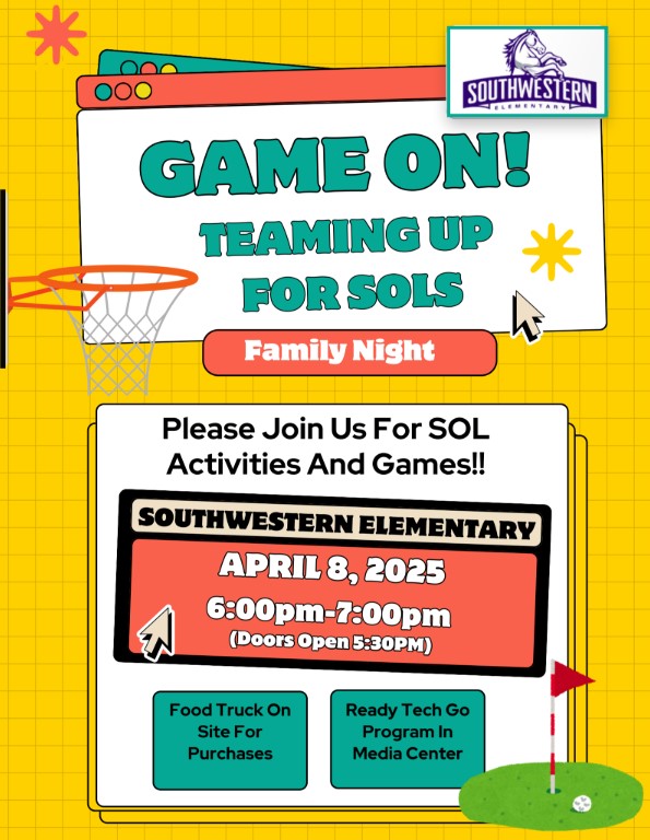 Come join us for Game On! Teaming up for SOLS, Family Night here at SWES! April 8, 2025 from 6:00-7:00 (doors open at 5:30) See you there!