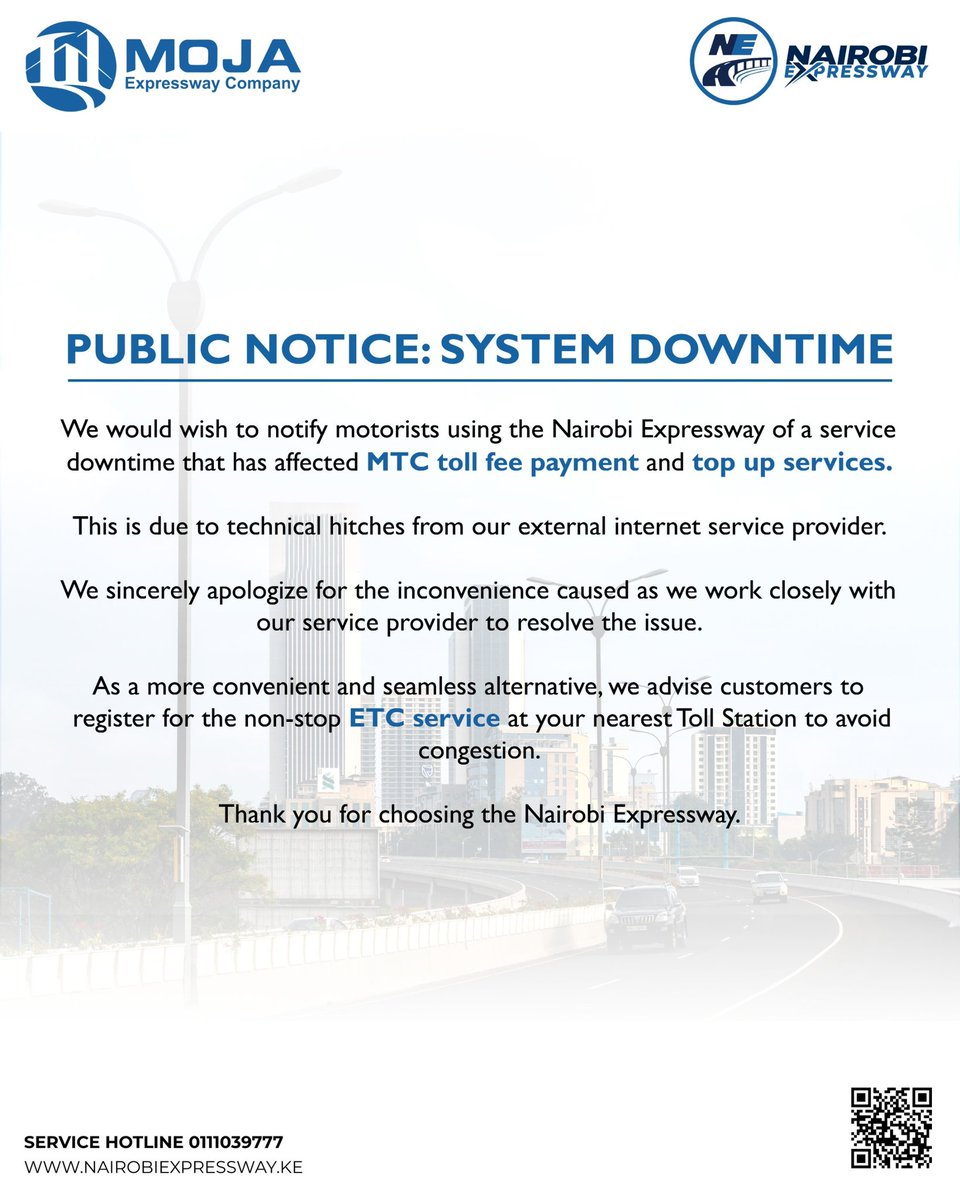 🚨Please note that MTC payment services are temporarily down but we’re working to resolve the issue. Consider signing up for ETC services for seamless experience.

#MOJAExpressway #NairobiExpressway #Expressway #servicedowntime #Comfort #Convenience #Connectivity