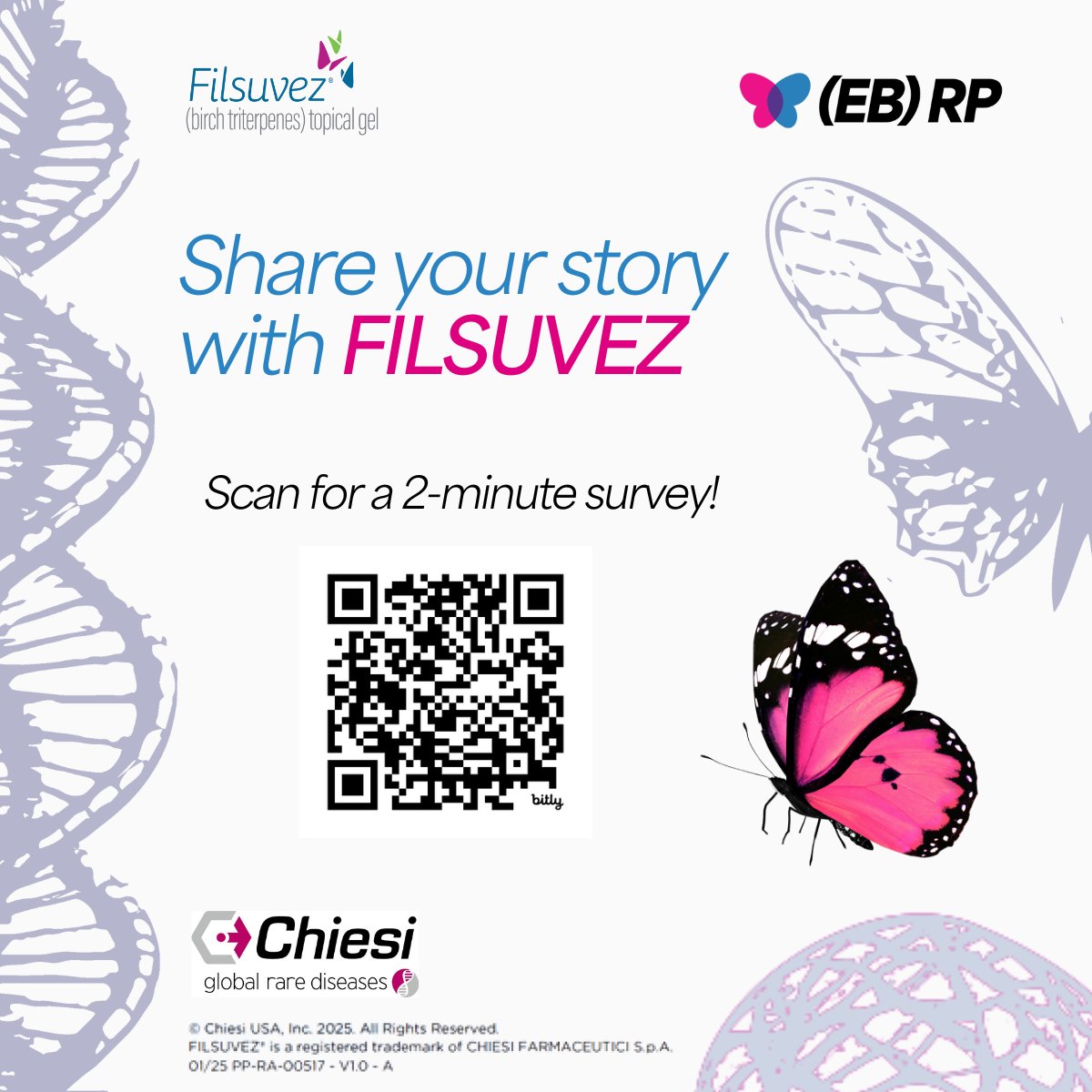 At EB Research Partnership, we're committed to accelerating treatments and finding a cure for Epidermolysis Bullosa (EB).

If you or a loved one has experience with FILSUVEZ® (birch triterpenes) topical gel, your insights can help others navigate EB care. Take this quick