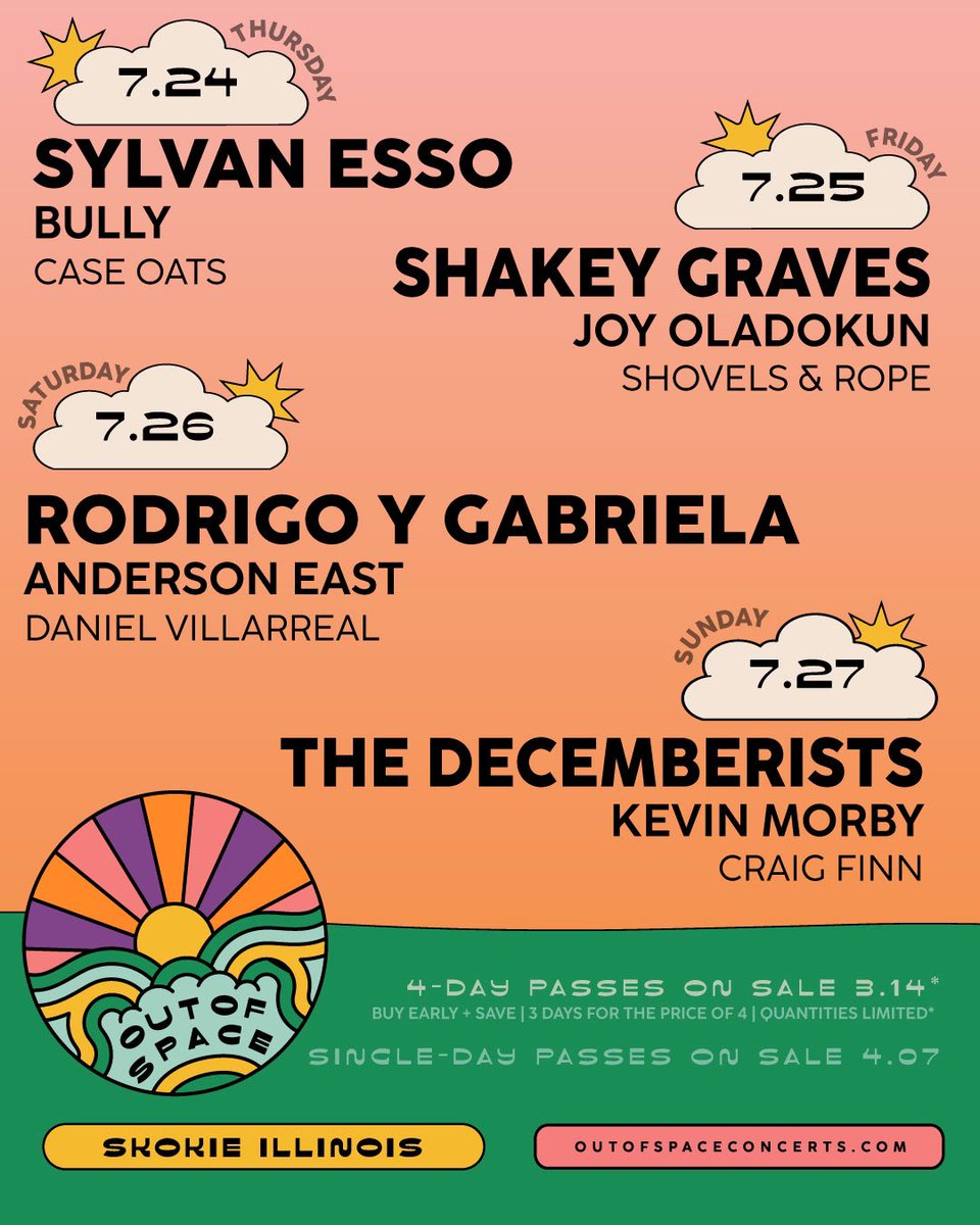 Presale for single-day passes is happening now! Use code RODGAB today for single-day tickets to see us on Saturday, July 26. General onsale starts Monday at 10am CT.

Weekend passes are available as well; head to our website or outofspaceconcerts.com for more info. -HQ